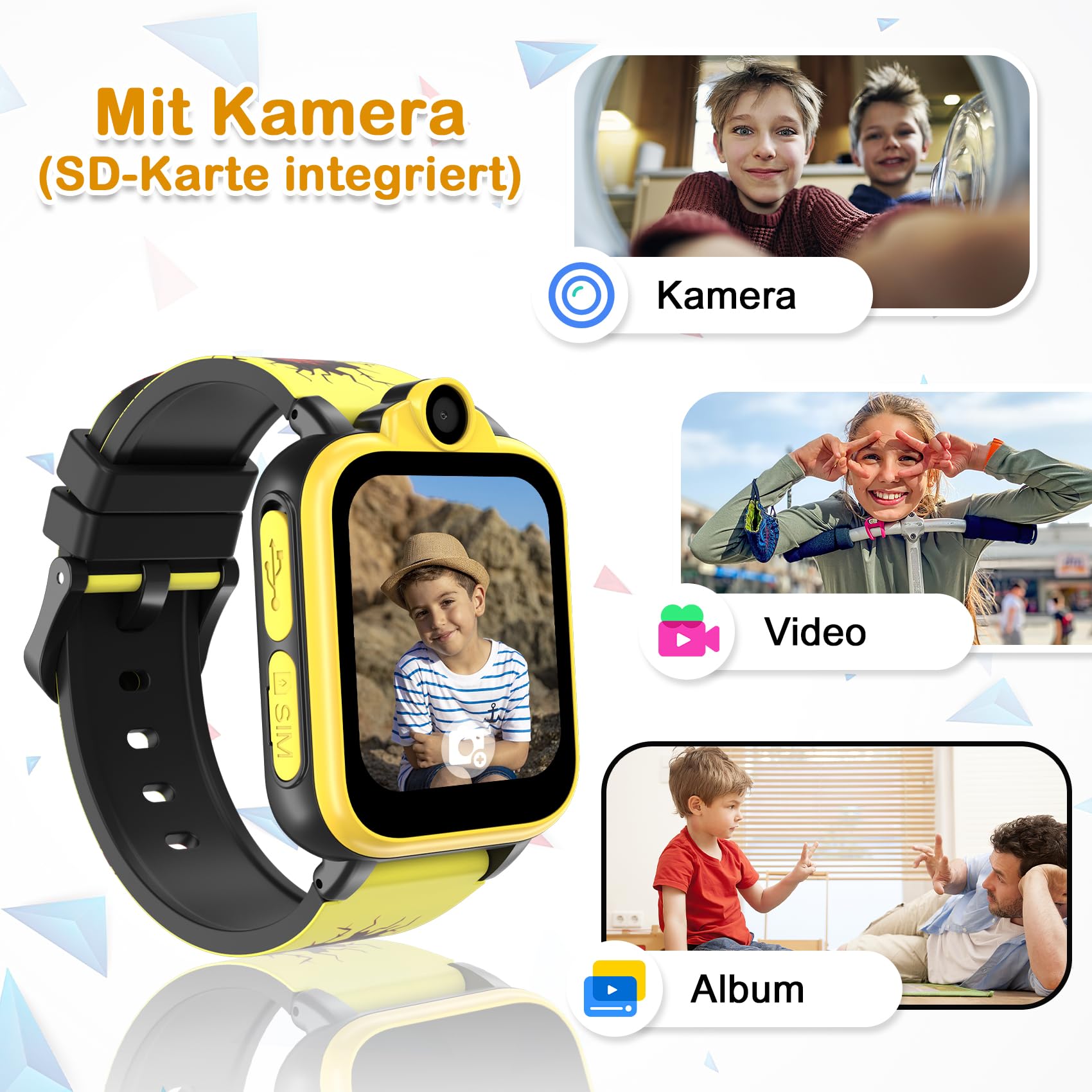 IOWODO Kinder Smartwatch mit Anruf, 2G SIM mit SOS Uhr Kamera Eingebaute SD-Karte, 18 Spiele Puzzle Alarme für Kinder Smart Watch für Jungen Mädchen 3-12Y, XT23-Schwarz