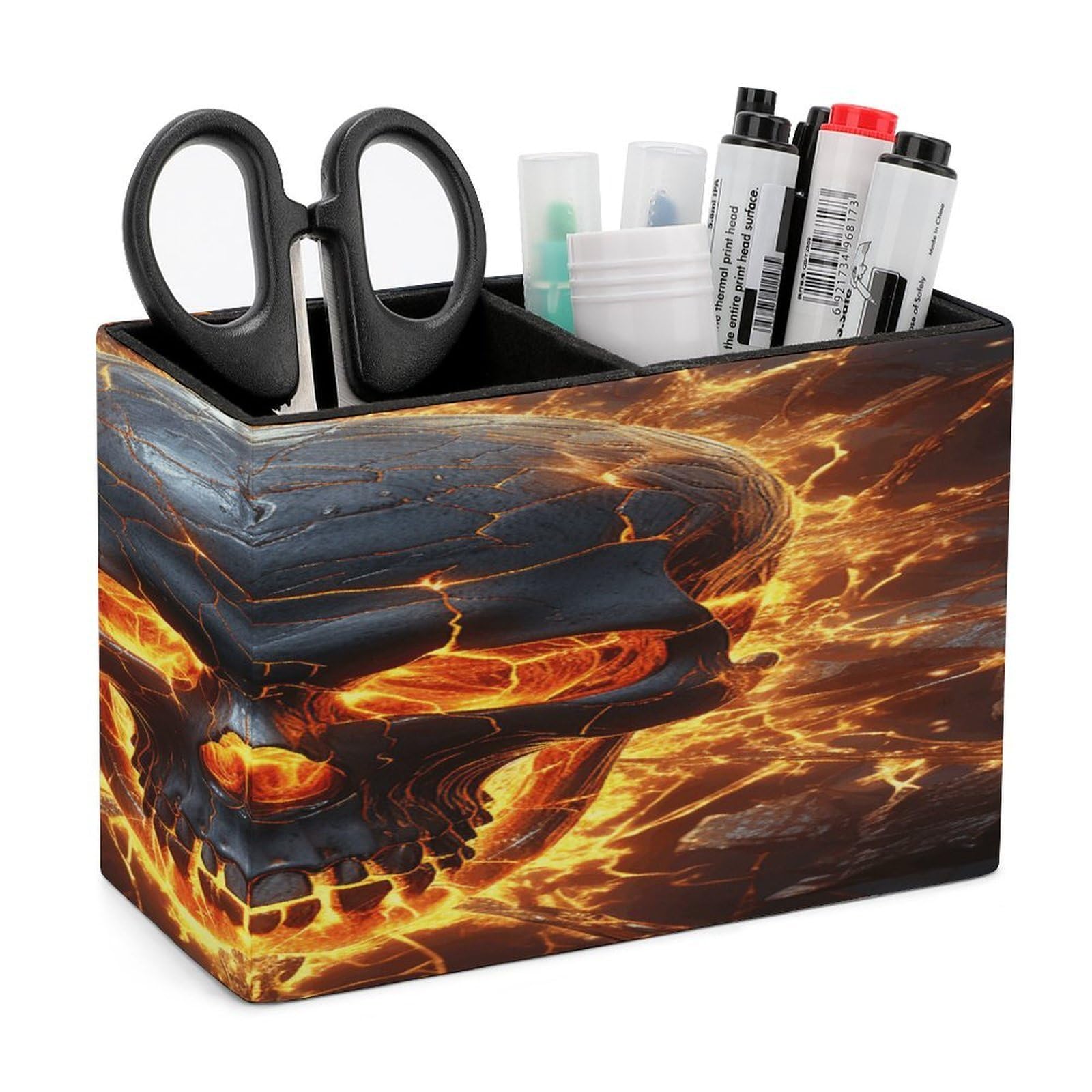 VstaDank Shattering of Skull Pencil Holder for Desk Organizer 2 Compartments Pen Cup Leather Square Pen Holder Pencil Cup Stand Makeup Brush Holders for Desktop Organizer Storage Case