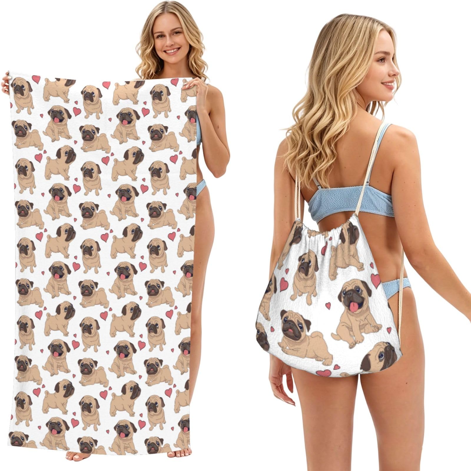 Poadnly As Picture Cute Pug, 2 In 1 Packable Towel Bag, Beach Towels With Drawstring Backpack For Travel Holiday Camping