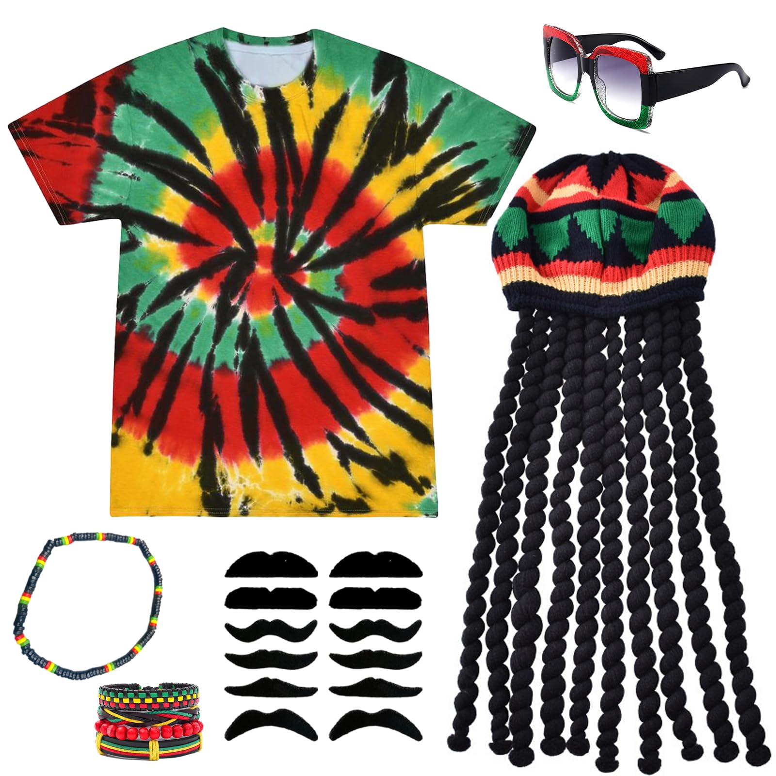 YAEGIMHT 6 Piece Rasta Costume Set, Rasta Clothing, Reggae Outfit, Dreadlocks Wig, T-Shirt, Braided Bracelet, Glasses, Necklace, Fake Beard, Suitable for Book Day, Halloween and Cosplay