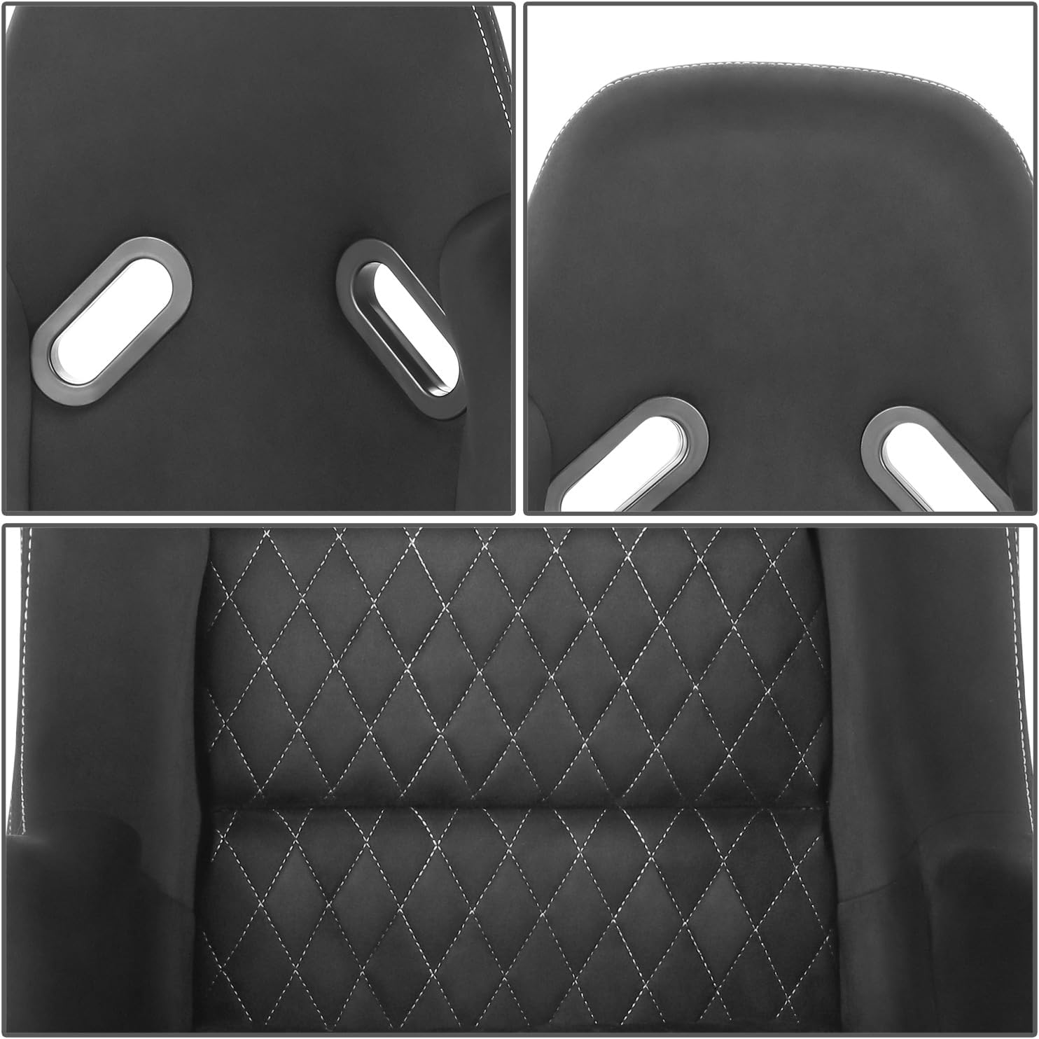 DNA MOTORING 2PCS Fixed Back Racing Bucket Seats with Dual Rails, Compatible with 5 Point Harness, Black Suede/White Stitching, RS-JBR-010-BK-WH