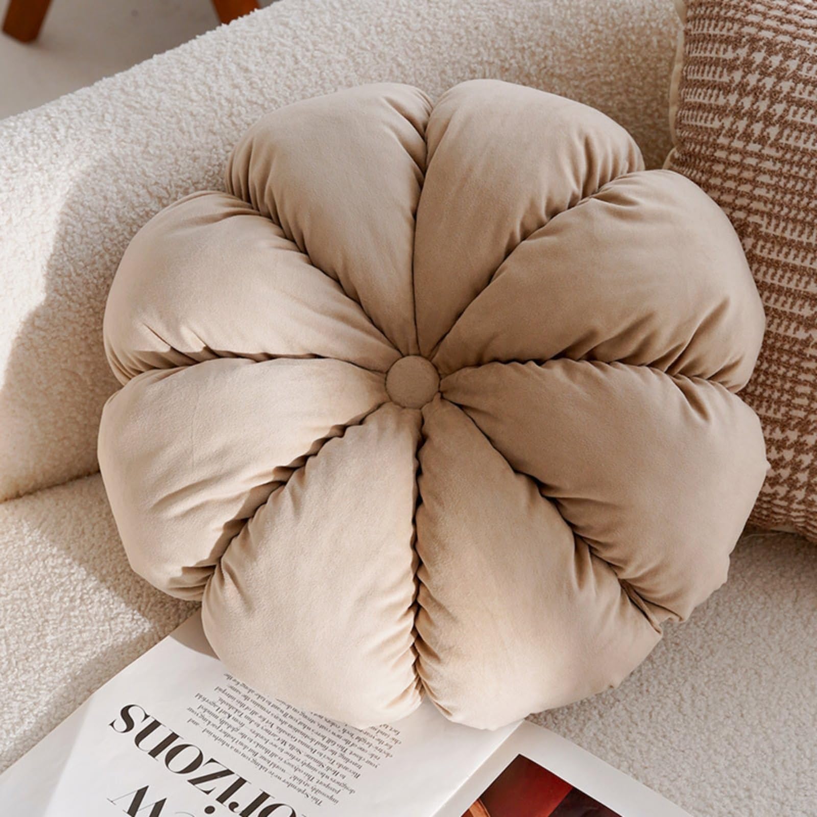 Coussin rond en forme de citrouille beige 45cm pour canapé salon lot de 4
