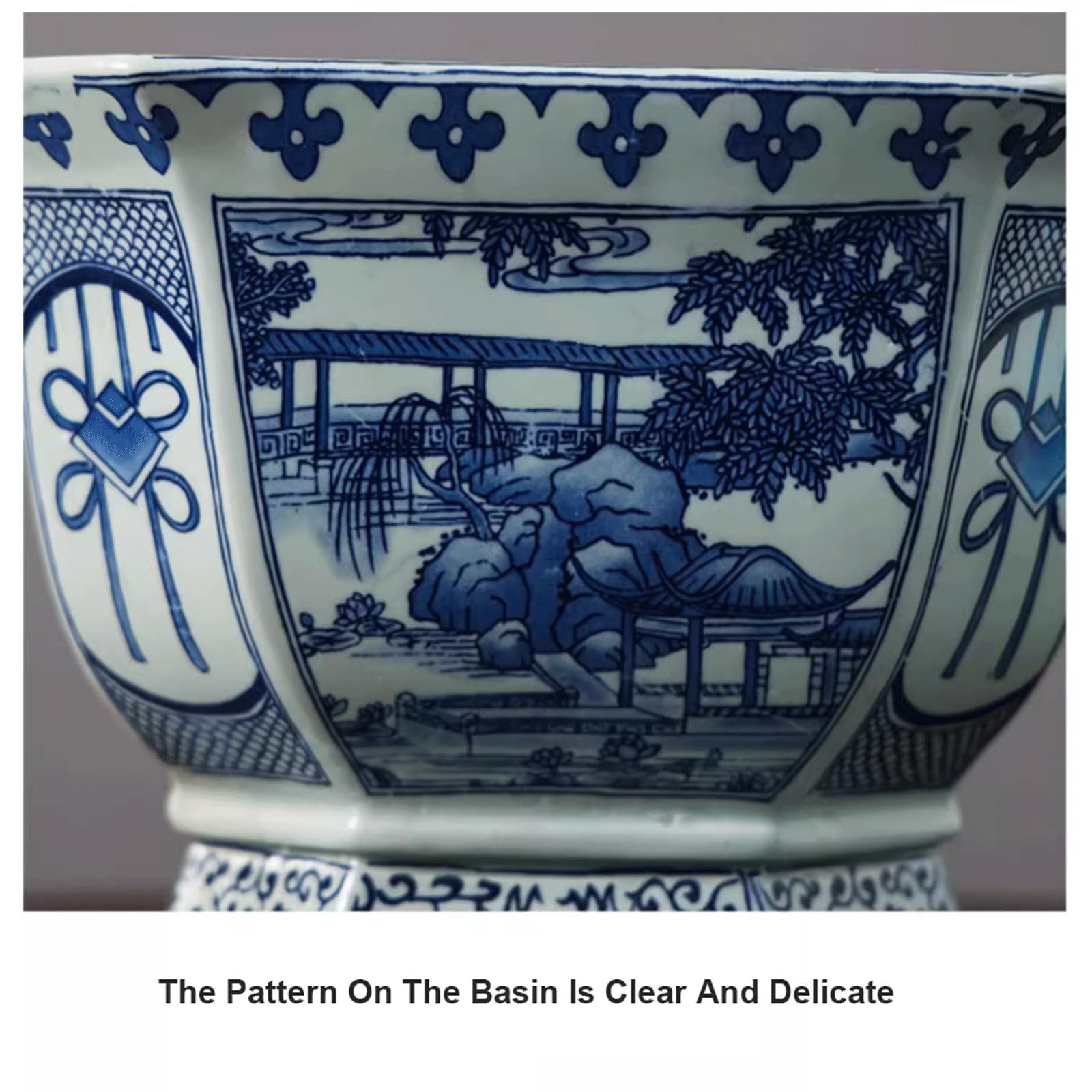 Niebieski i biały sześciokątny kwiatowy porcelanowy doniczka Chinoiserie Jingdezhen ceramiczna doniczka z otworem drenażowym chiński azjatycki design doniczka do wewnątrz i na zewnątrz