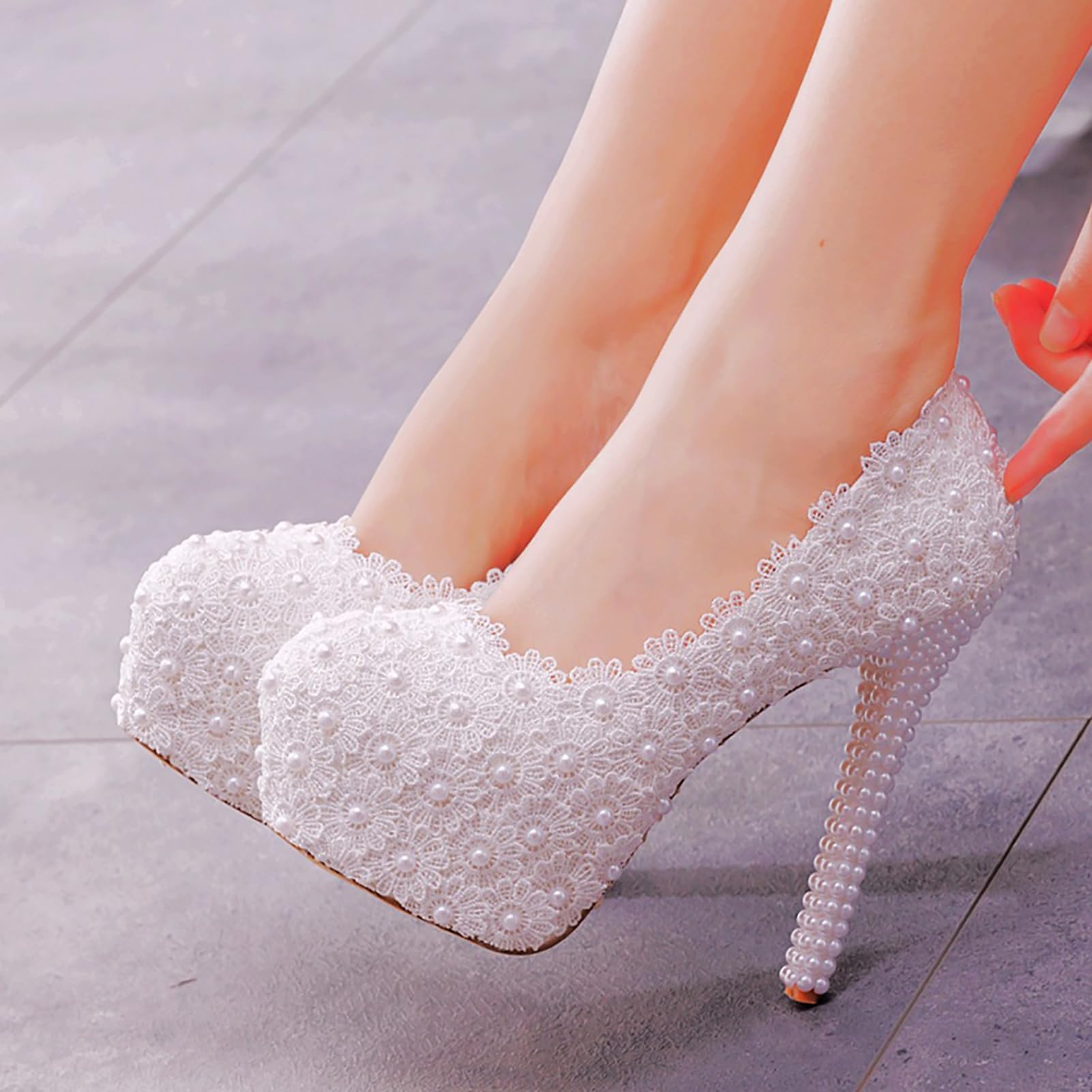 Zapatos de Boda de Encaje Blanco para Novia, Tacones Finos, Punta Redonda, Plataforma, Zapatos de Boda de Encaje Blanco, Zapatos de tacón Alto,Blanca,37
