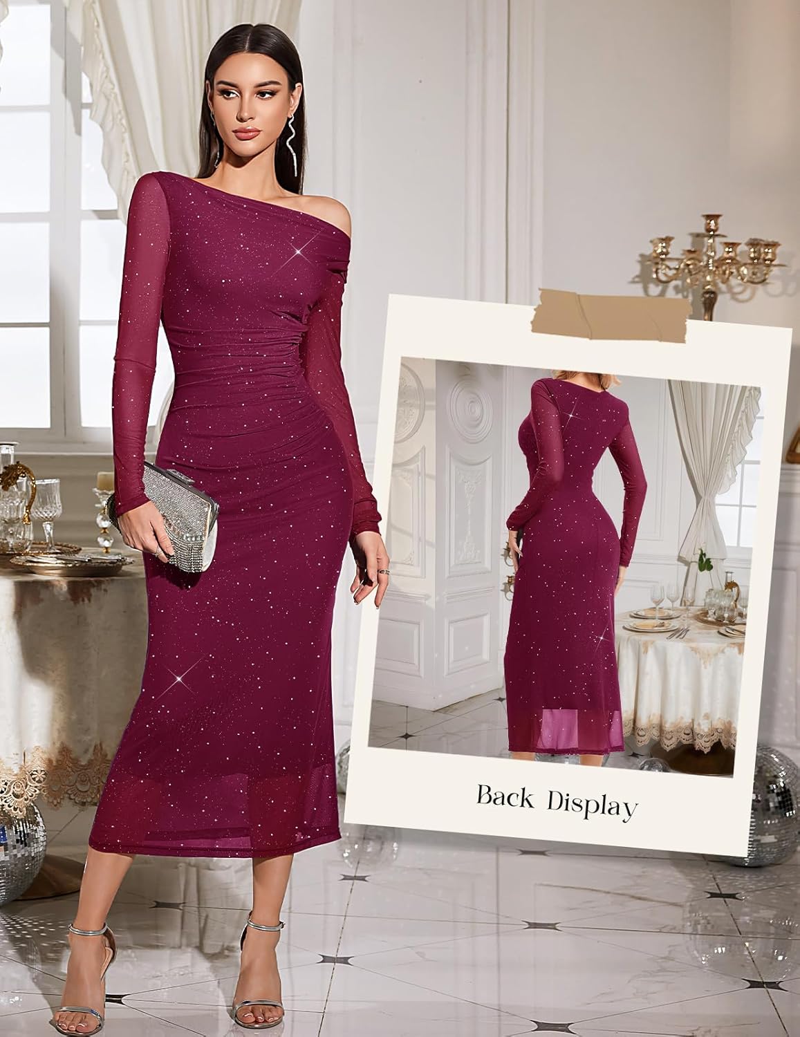 HomRain Women's Sparkly Mesh Maxi Summer Dress Long Sleeve Bodycon Dresses for Wedding Guest Outfit - Image 3