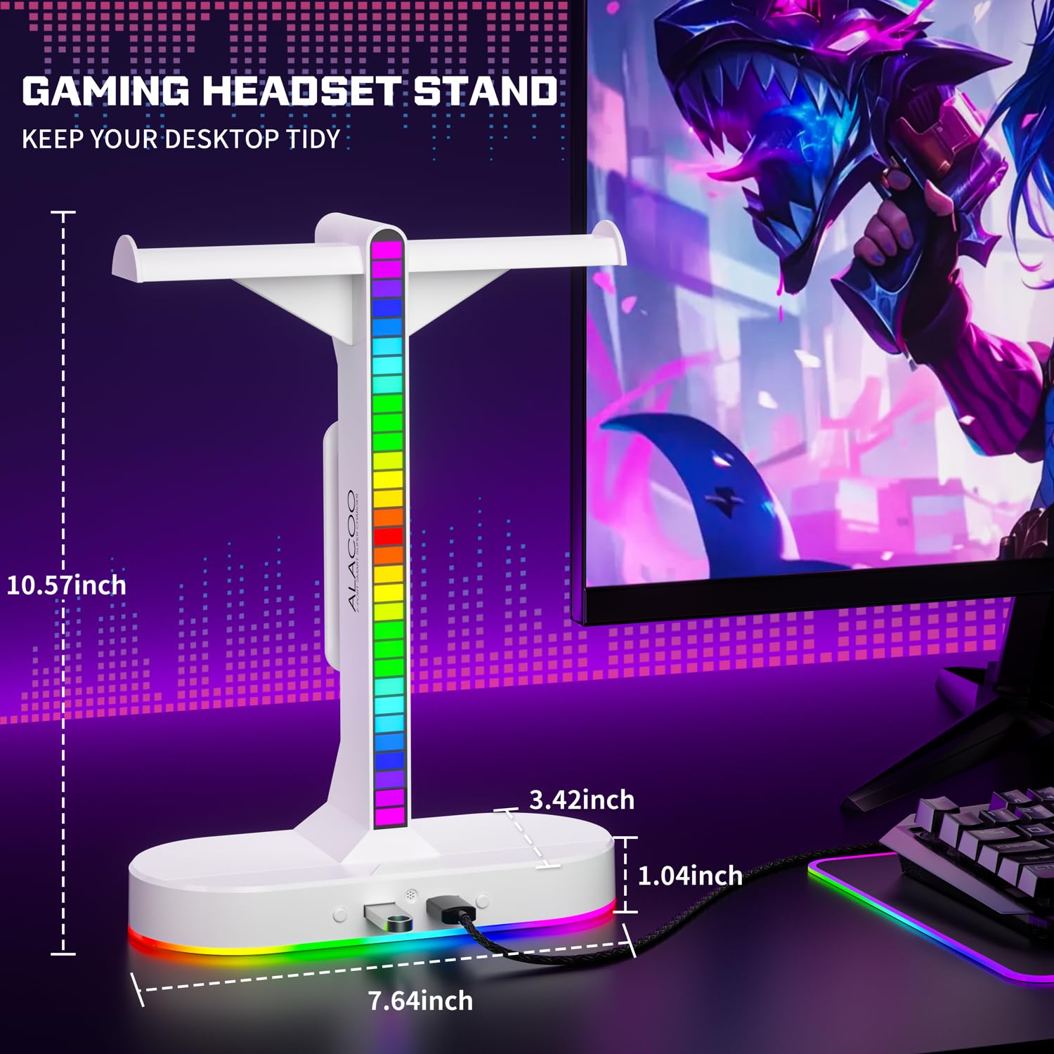 ALACOO Cool RGB - Soporte para auriculares con estación de carga, elegante soporte doble para auriculares, 3 puertos USB y audio de 3.5 mm, 8 modos de luz, el mejor regalo de juego para hombres
