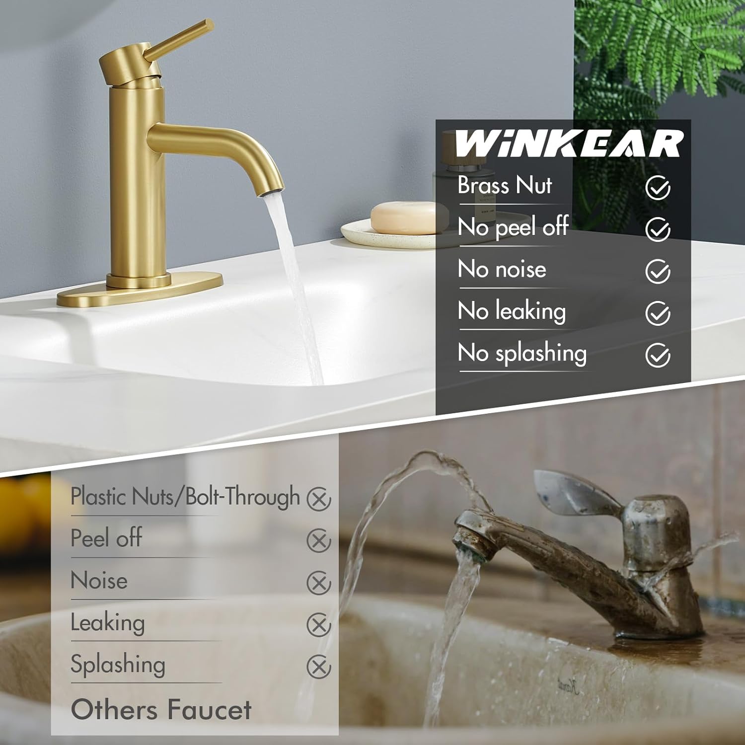 Gold Bathroom Faucet, WINKEAR Single Hole Bathroom Faucet with Pop-up Drain and Flexible Hoses, Single Handle for Sink, Vanity, RV, Modern Farmhouse, Suitable for 1 Hole or 3 Hole - Image 5
