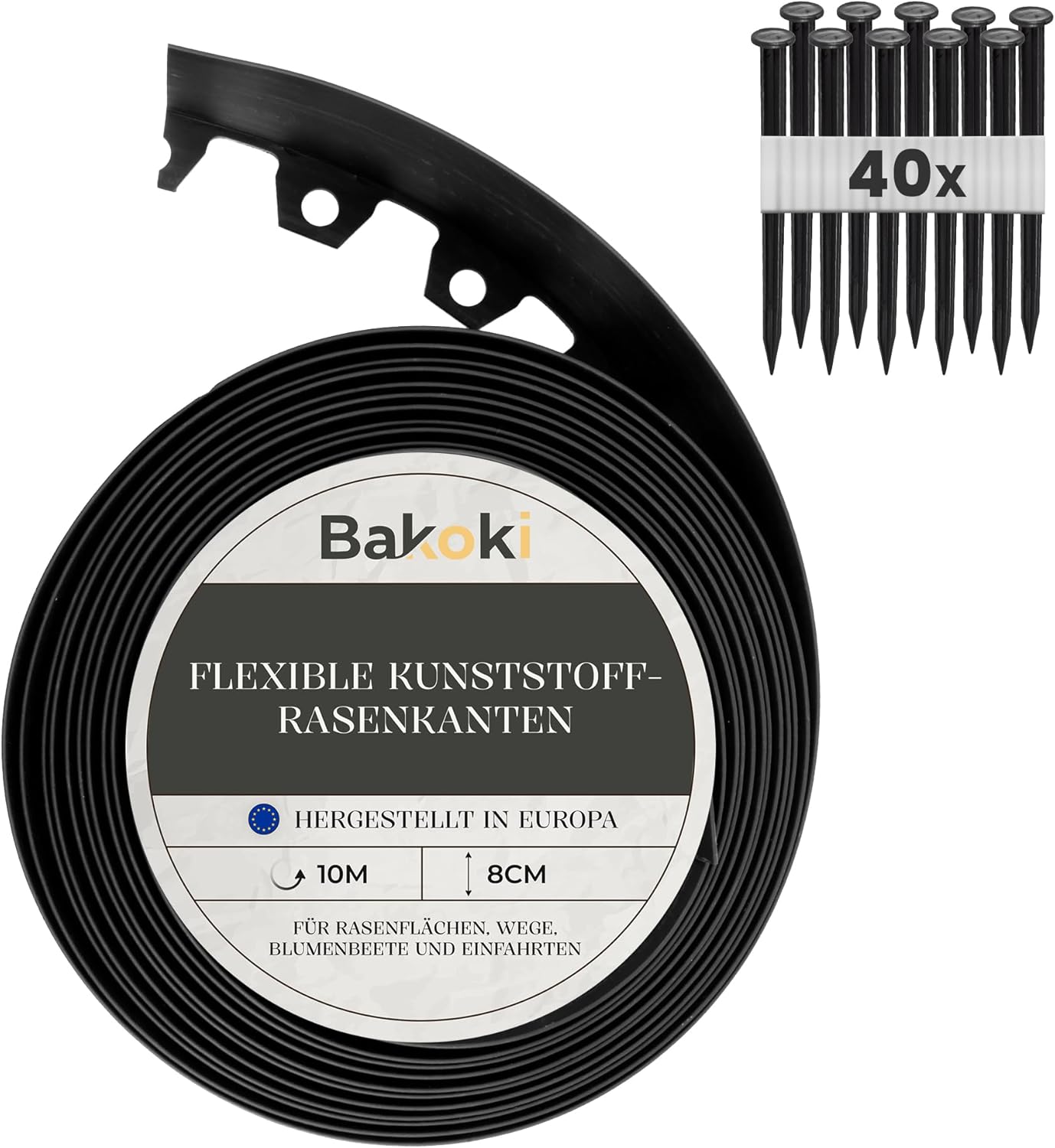 Flexible Lawn Edging 10m | 40 ANCHOR PEGS | 6cm Height - White Plastic - Round Lawn Edging - Flower Bed Edging - Mowing Edging - Easy to Cut and Shape