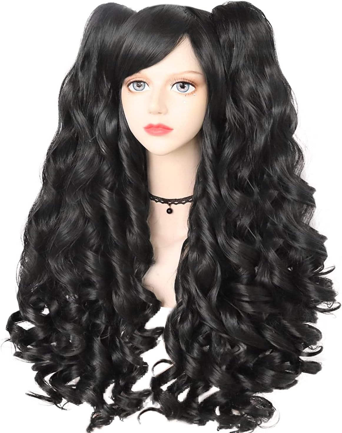 Hair Cap+ Black Cosplay Wig With Clip-on Ponytails Long Curly Wigs with Bangs for Halloween Costume Party Girls Women 2 Curly Pigtails Black Lolita Cosplay Wigs