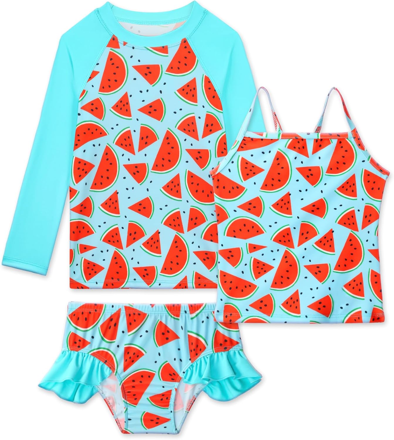 Bathing Suits for Girls Size 8-9 Years Old Green Watermelon 3-Piece UPF50+ Rash Guard Swimsuit Sets
