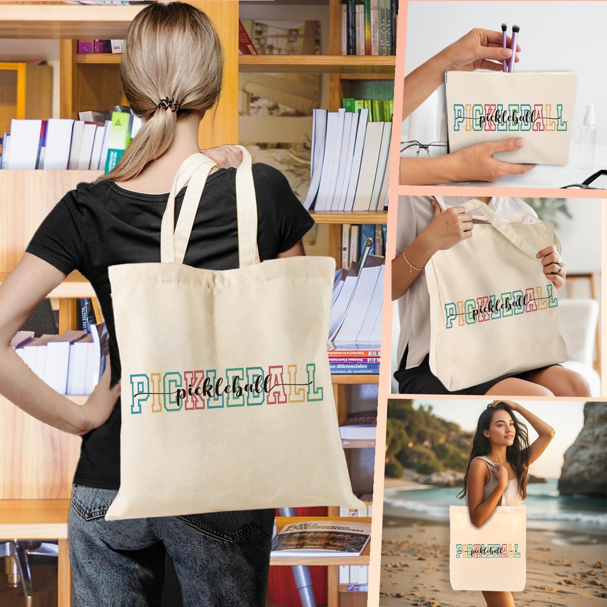 Pickleball Gifts 2PCS Cosmetic Bags Canvas Tote Bag Beach Bag with Pocket Makeup Bags,Pickleball Accessories,Pickle Ball Gifts for Women Sports Lover Friend Bestie Christmas Birthday Friendship - Image 2