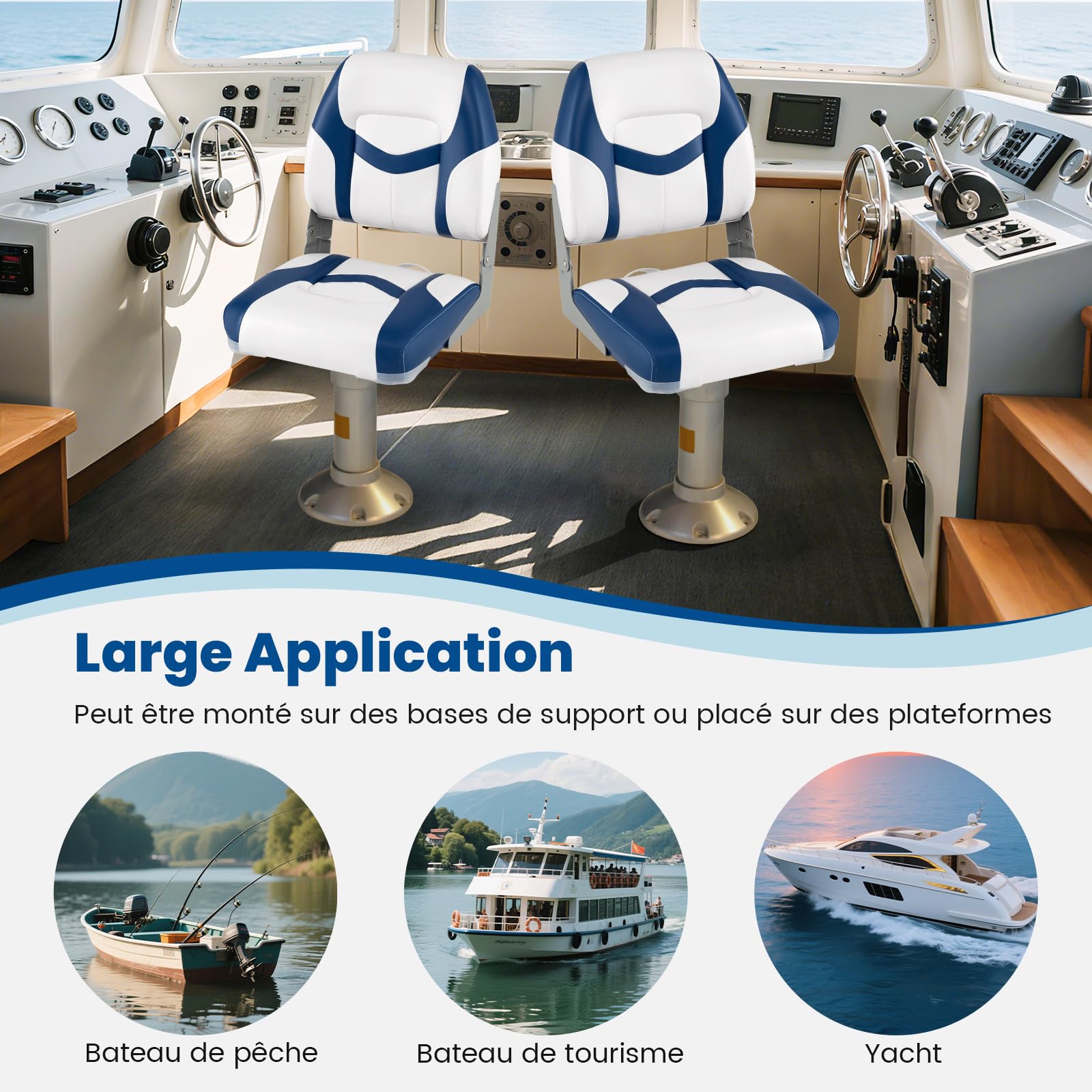 GOPLUS Lot de 2 Sièges de Bateau Pliants à Dossier Ergonomique Bas, Chaises de Bateau Confortables Rembourré en Éponge, Sièges Rabattables pour Bateau, Convient pour Yacht, Bateau de Pêche, 42x49x51CM
