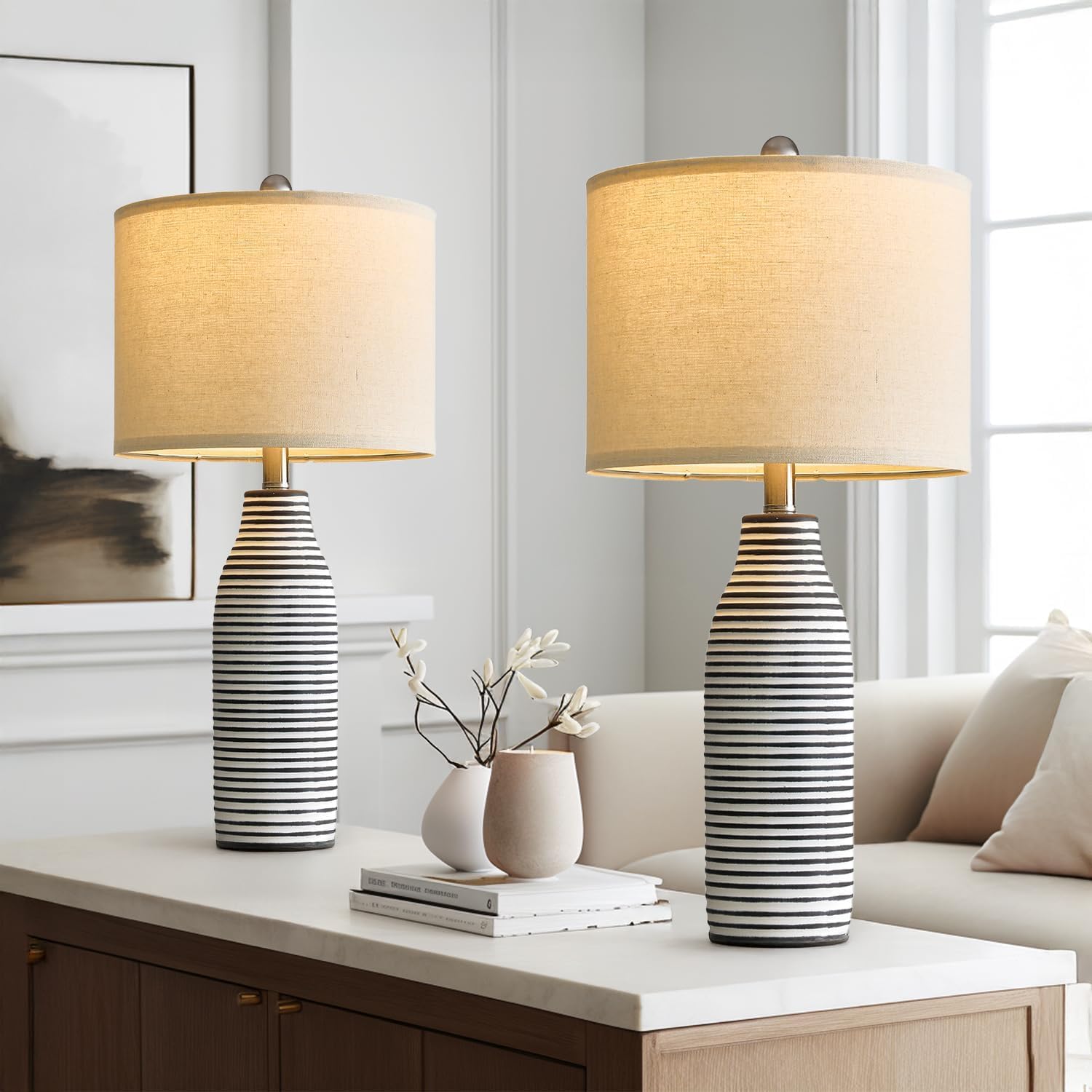 25" Ceramic Table Lamps Set of 2 Beside Lamps for Living Room Modern Bedroom Lamps for Night Stands with Rotary Switch Black and White Stripes