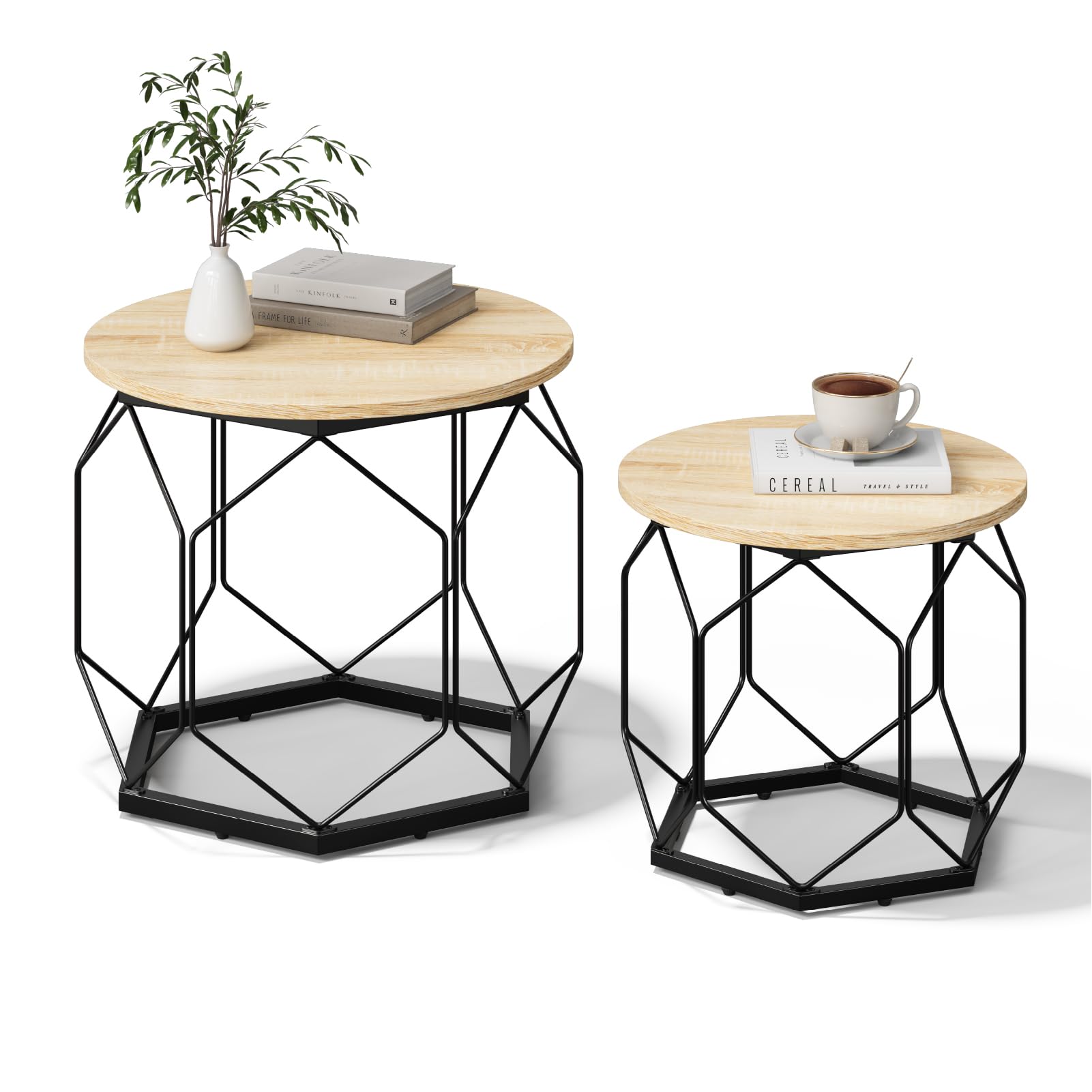 WOLTU Set of 2 Coffee Tables, Living Room Side Tables with Round Tabletop, Hollow Metal Frame, Light Oak Shelves, BTS05hei