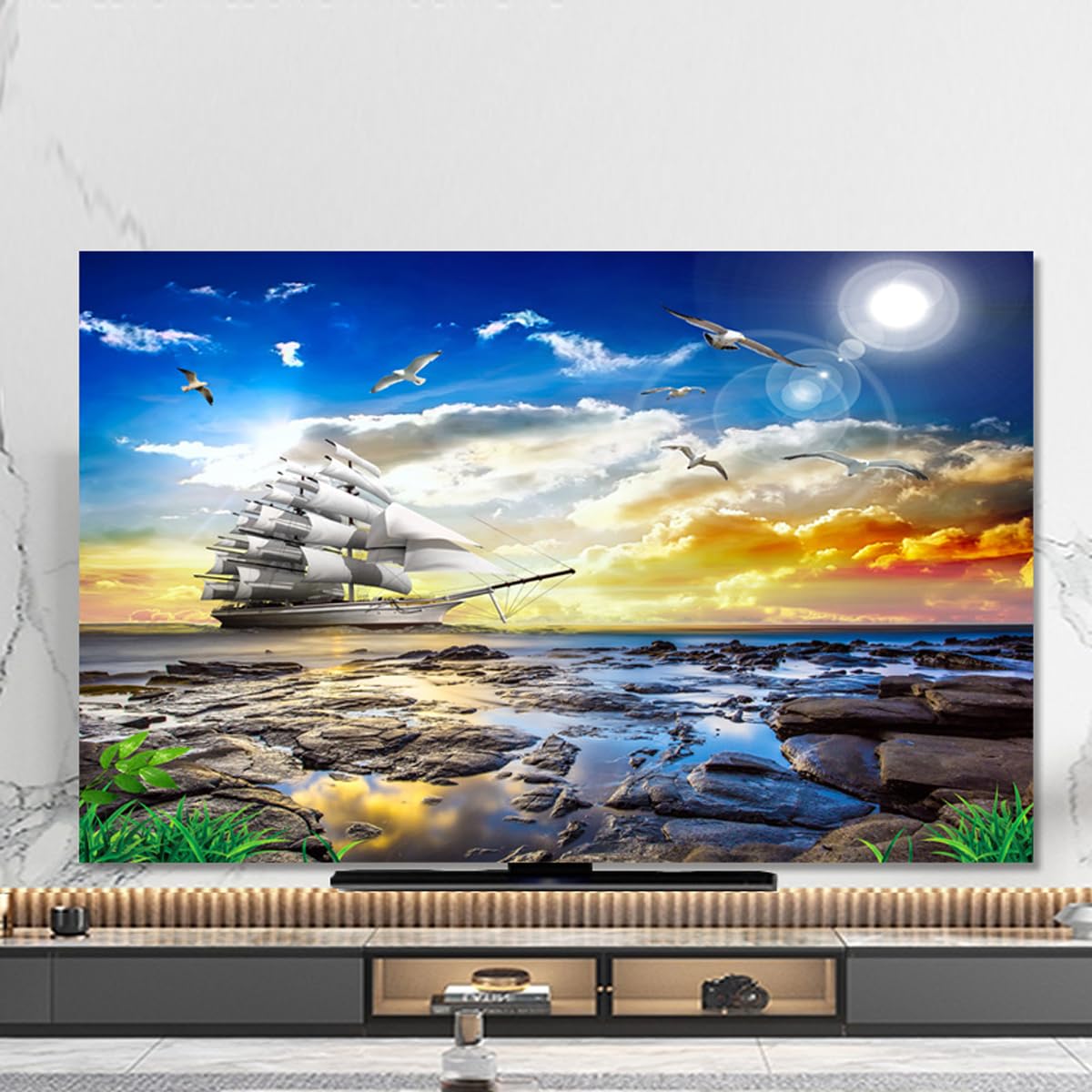 Osłona na ekran telewizora. Osłona ekranu telewizora, nadruk na plaży nadmorskiej, odporna na kurz osłona wodoodporna osłona przeciwpyłowa telewizora do zakrzywionego ekranu montowanego na ścianie kom