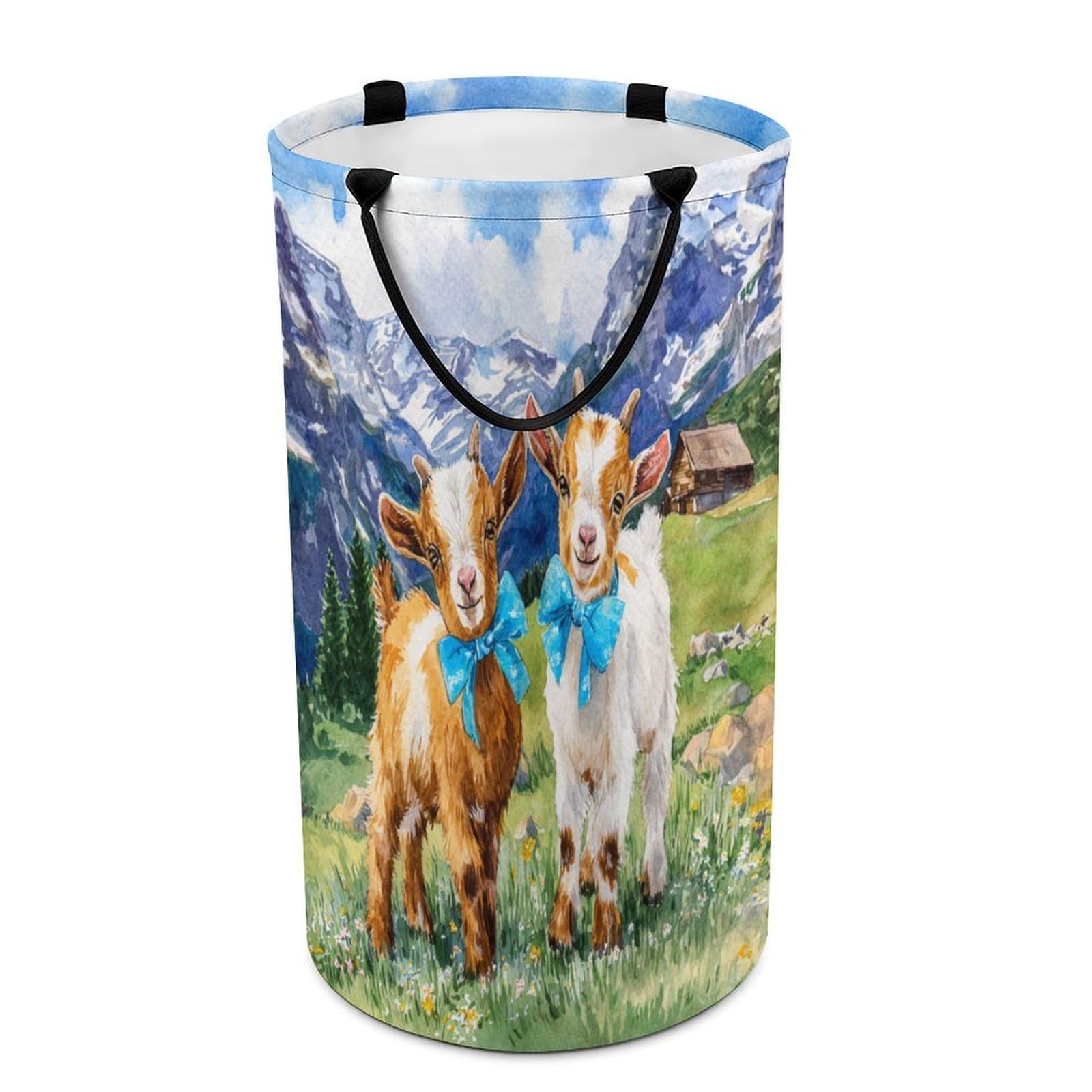 LUYYSKY Colorful Classic Cute Sheep Versatile Storage Laundry Basket, Vintage Fantasy Spring Farm Log Cabin Animals Alpaca Flowers Large Capacity Bathroom Hamper With Handle