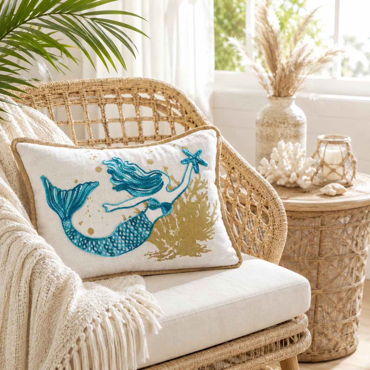 Comfy Hour Almohada de sirena de 18 x 13 pulgadas, decoración costera de estrella de mar | Estrella de mar, poliéster bordado azul azulado y dorado, decoración náutica para sofá, cama, sofá, oficina