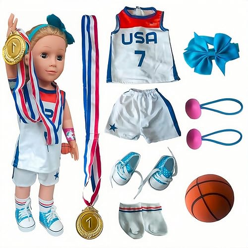 Miniatura 1 de Accesorios de ropa para muñecas de fútbol americano, baloncesto, tenis de 18 pulgadas, mangas cortas, diademas, calcetines, zapatos, raquetas, etc.