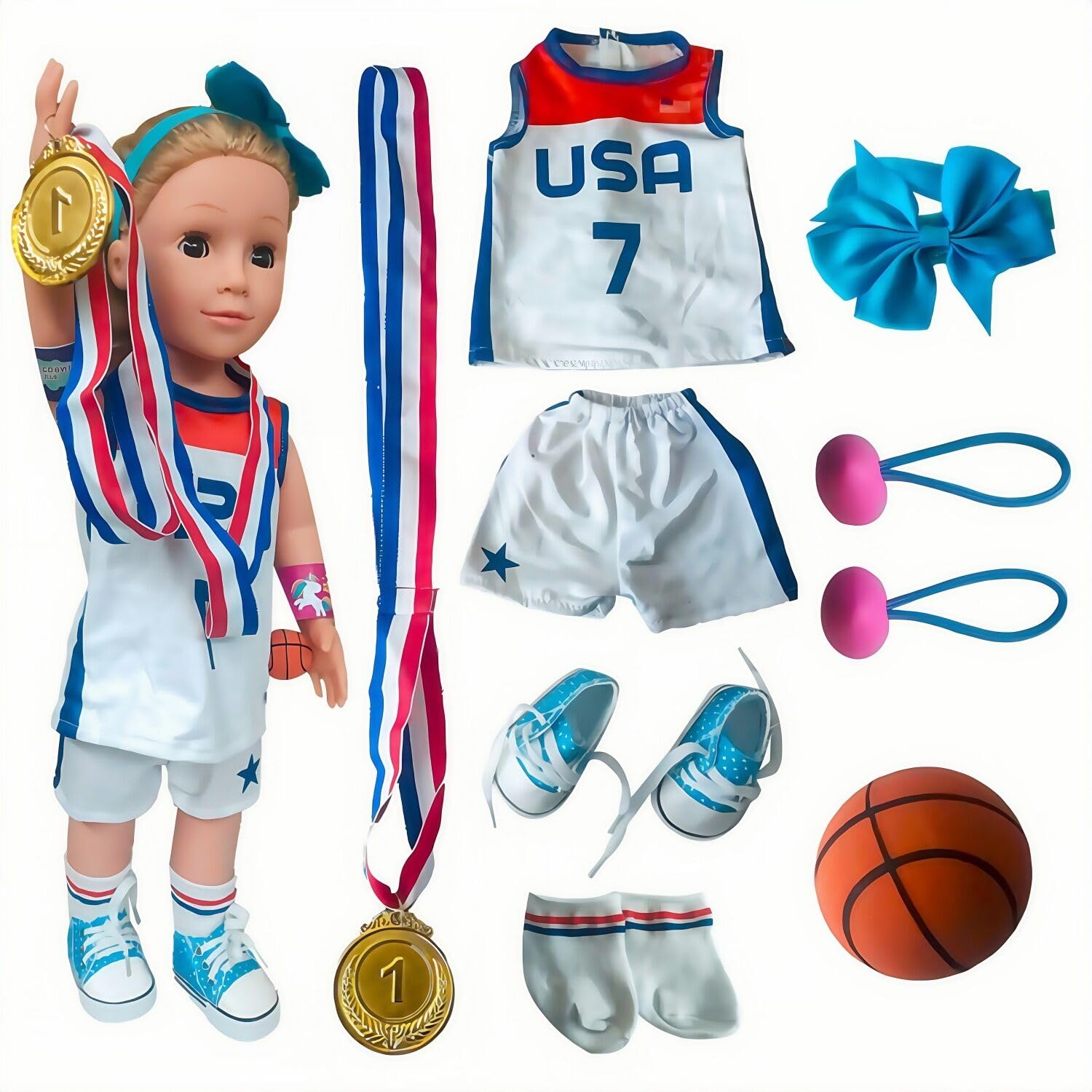 Basketball Sports Dolls Clothes set-18 inch Doll Closet Accessories-Doll Tops, Short Sleeves, Headbands, Socks, Shoes, Rackets, etc-Children's Day, Christmas, for Girls Aged 2-12
