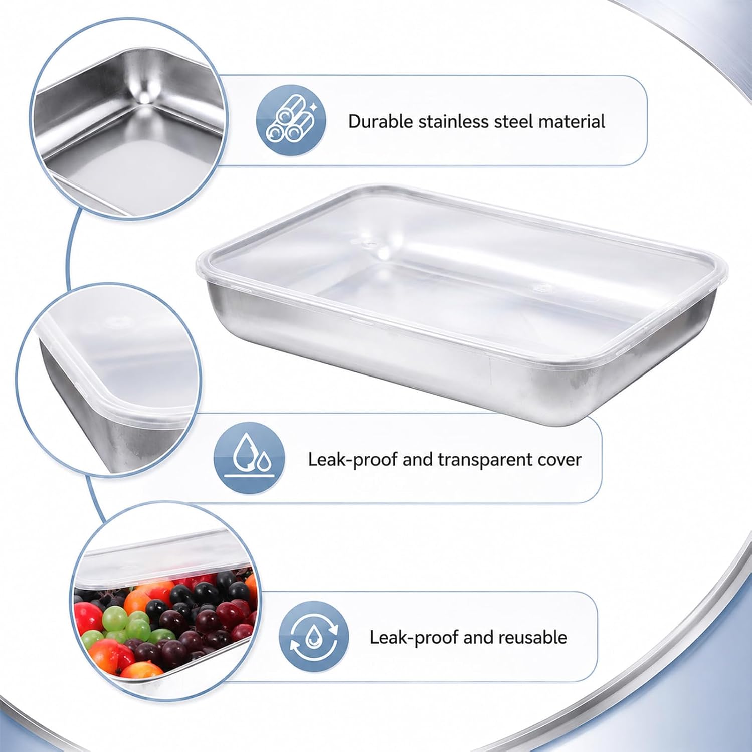 6 Pcs 68oz Stainless Steel Food Containers with Clear Lids 10"x7.7"