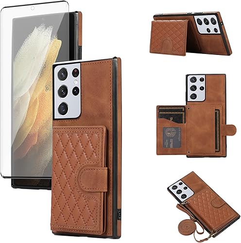 Asuwish Funda de teléfono para Samsung Galaxy S21 Ultra 5G Funda tipo cartera con protector de pantalla de vidrio templado y correa cruzada, soporte