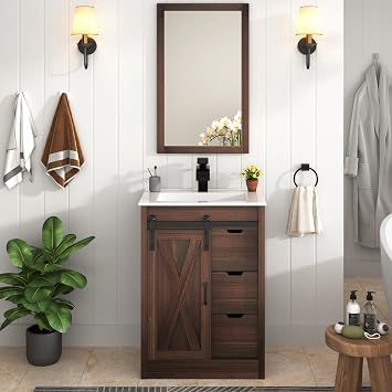 chartustriable 24 Inch Bathroom Vanity with Sink & Faucet & Mirror, Farmhouse Bathroom Vanity Cabinet Set with Sliding Barn Door & Drawers, Small Single Bath Storage Vanity Sink, Brown