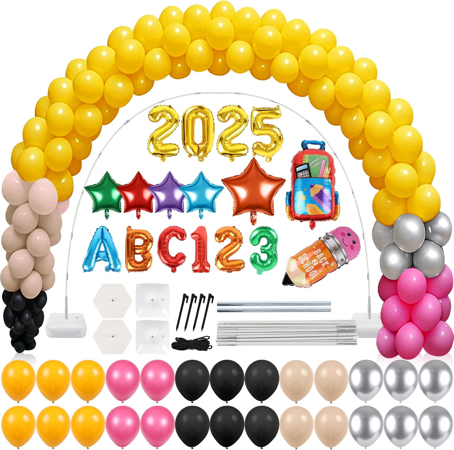 2025 Welcome Back to School Balloon Garland Arch Kit First Day Of School Adjustable Balloon Column Stand Pencil Shape Balloons With ABC 123 School Bag Balloons for Kindergarden Classroom Decorations