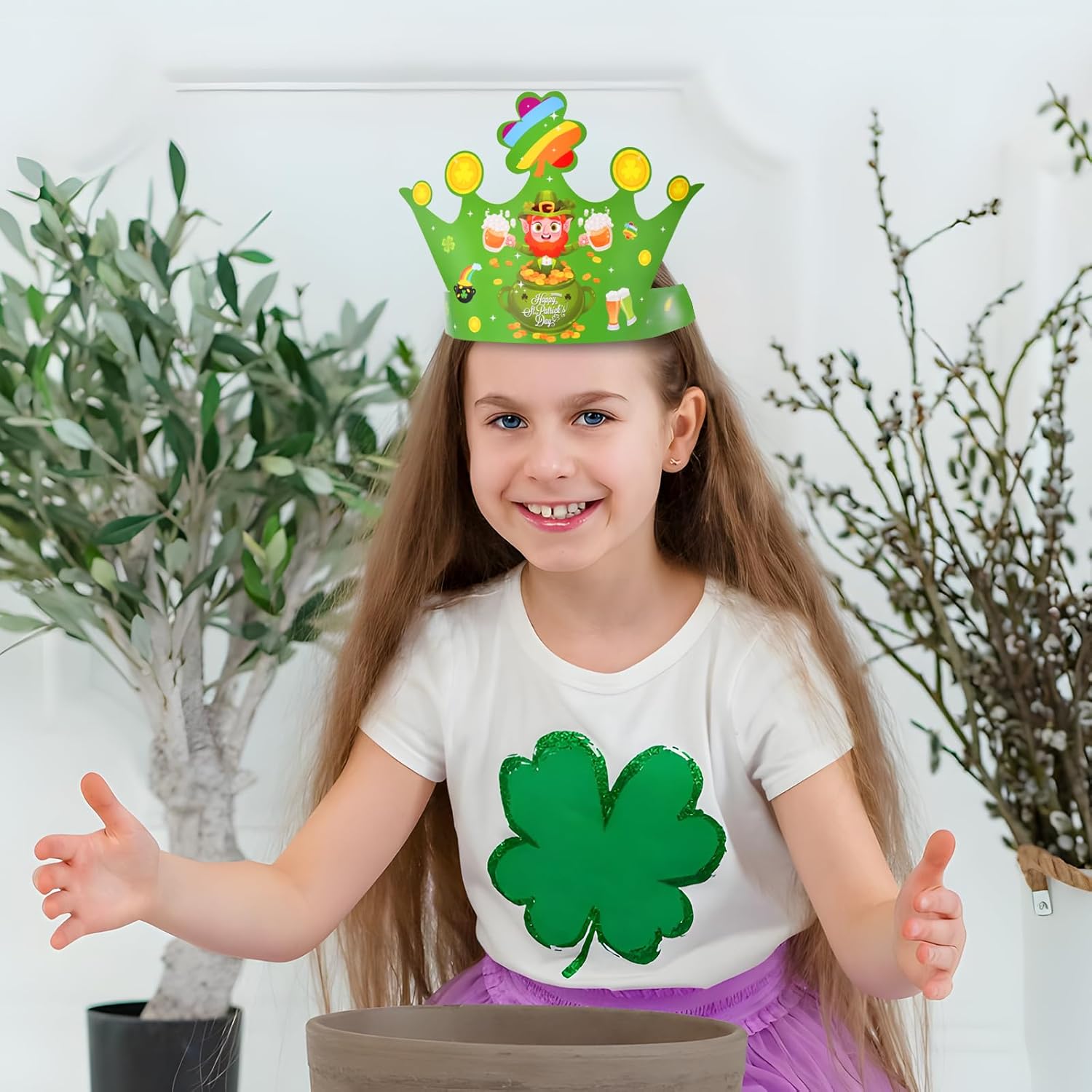 12 Pcs St. Patrick's Day Paper Crowns Bulk Party Favors - 4 Designs Green Lucky Leprechaun Hats, Rainbow & Shamrock Headwear, Holiday Party Supplies, Fun Irish Accessories for Kids & Adults