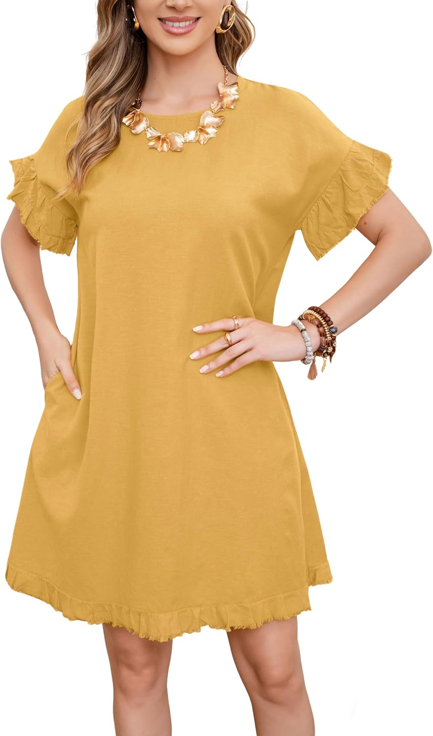 CHARTOU Women Loose Linen Mini Dress Summer Modest Frayed T Shirt Flowy Ruffle Short Sleeve Shift Dress Pocket