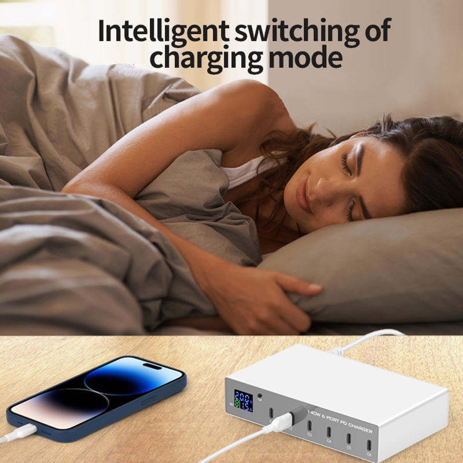 Caricabatterie PD a 6 Porte 140 W più Porte USB per Telefono, Notebook, Tablet, Adattatore per Caricabatterie per Telefono QC3.0 PD3.0, Stazione di Ricarica Rapida da 30 W