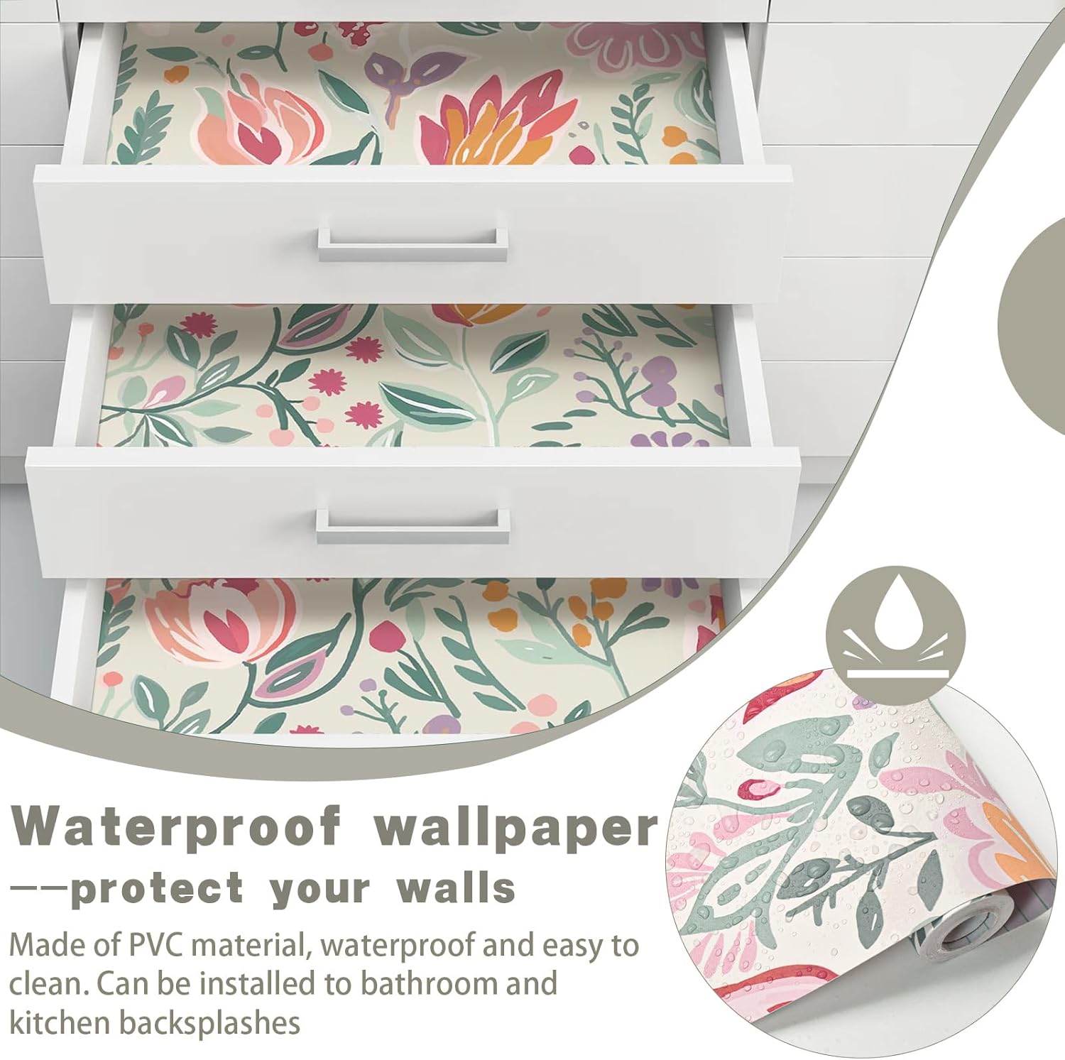 Fititem Colorful Peel and Stick Wallpaper Kids Cute Floral Contact Paper for Cabinets Self Adhesive Removable Contact Paper Fun Flower Garden Wallpaper for Bedroom Bathroom Waterproof 17.3inW 393inL