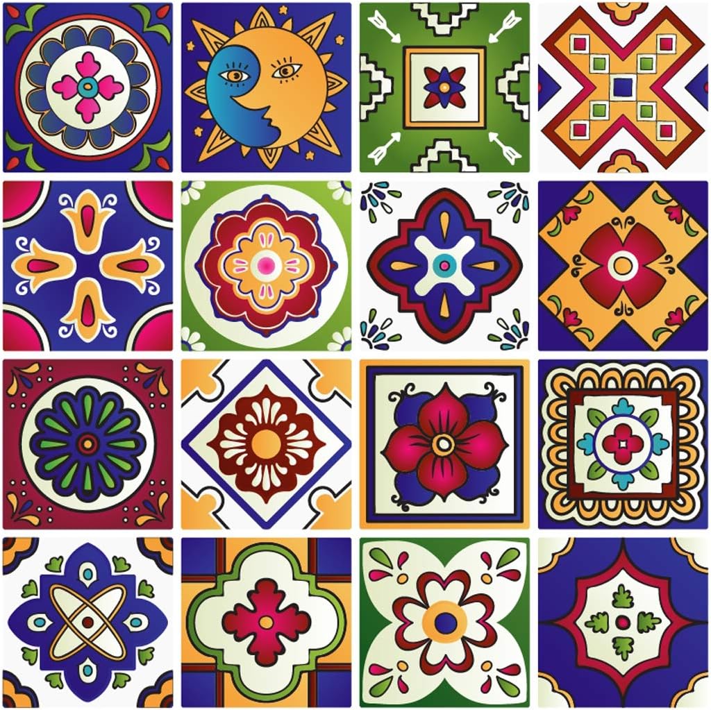 RoyalWallSkins Mexican Tile Decals 4x4 Inch - Set of 16 - Self Adhesive Peel and Stick Tile Stickers for Backsplash Bathroom Kitchen Home Decor (Zacatecas TAD160403)