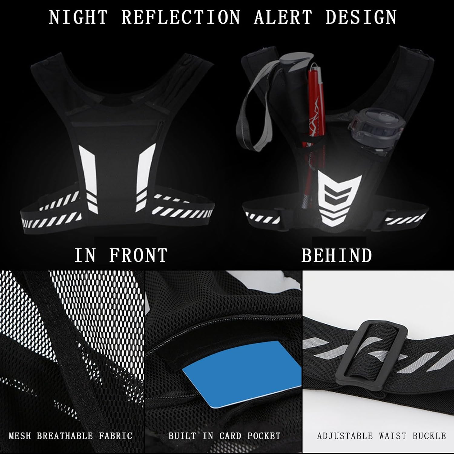 MEIION Gilet de Course Ultra-léger et réfléchissant avec Support de téléphone Portable, Gilet réfléchissant et Respirant, Ceinture Ajustable pour Jogging et Training, sécurité Nocturnes