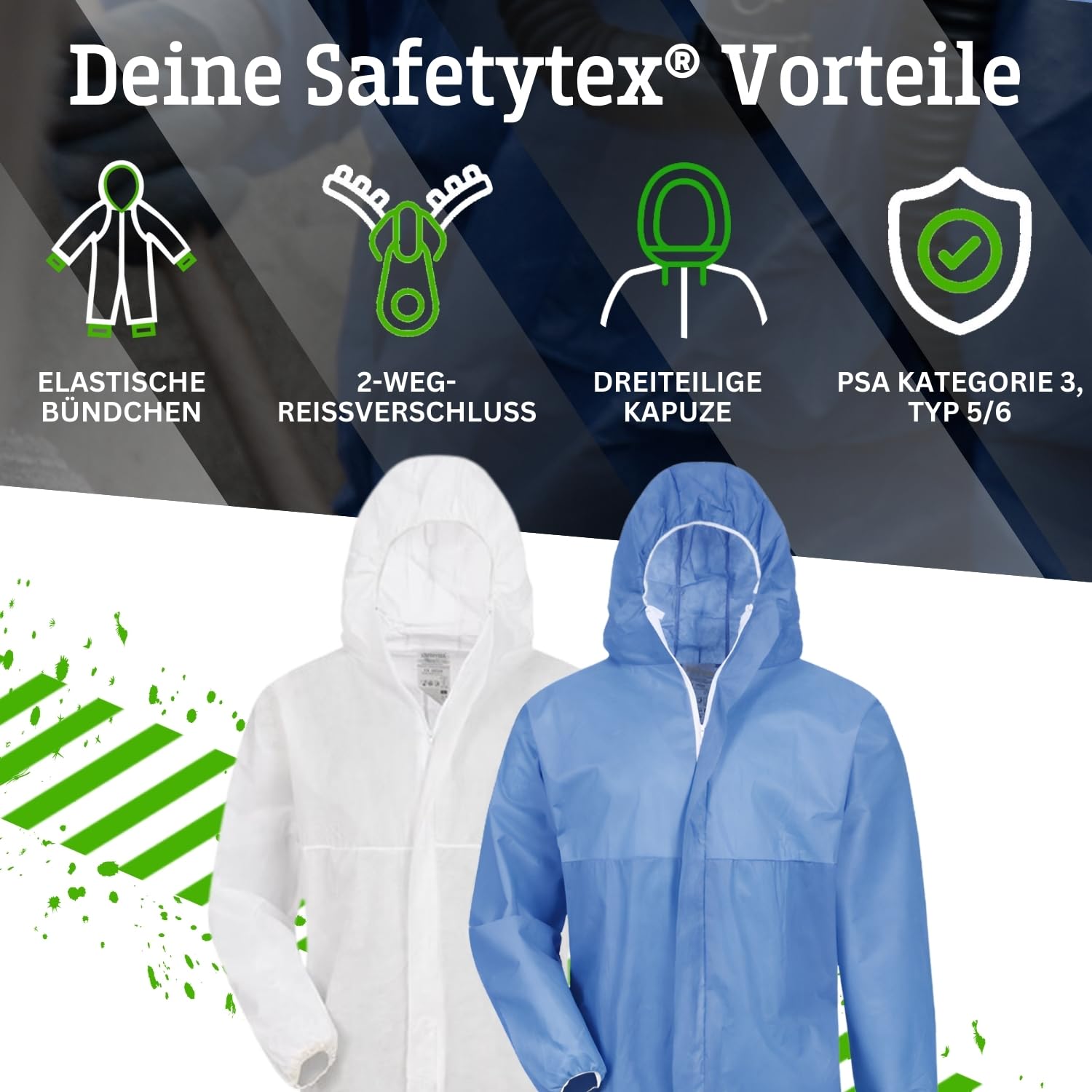 Safetytex SMS Schutzanzug - Einweg Overall - PSA Kat. 3 Typ 5/6 - Partikeldicht & Spritzwassergeschützt - Ideal für Asbest, Sanierung & Industrie - Blau/Weiß