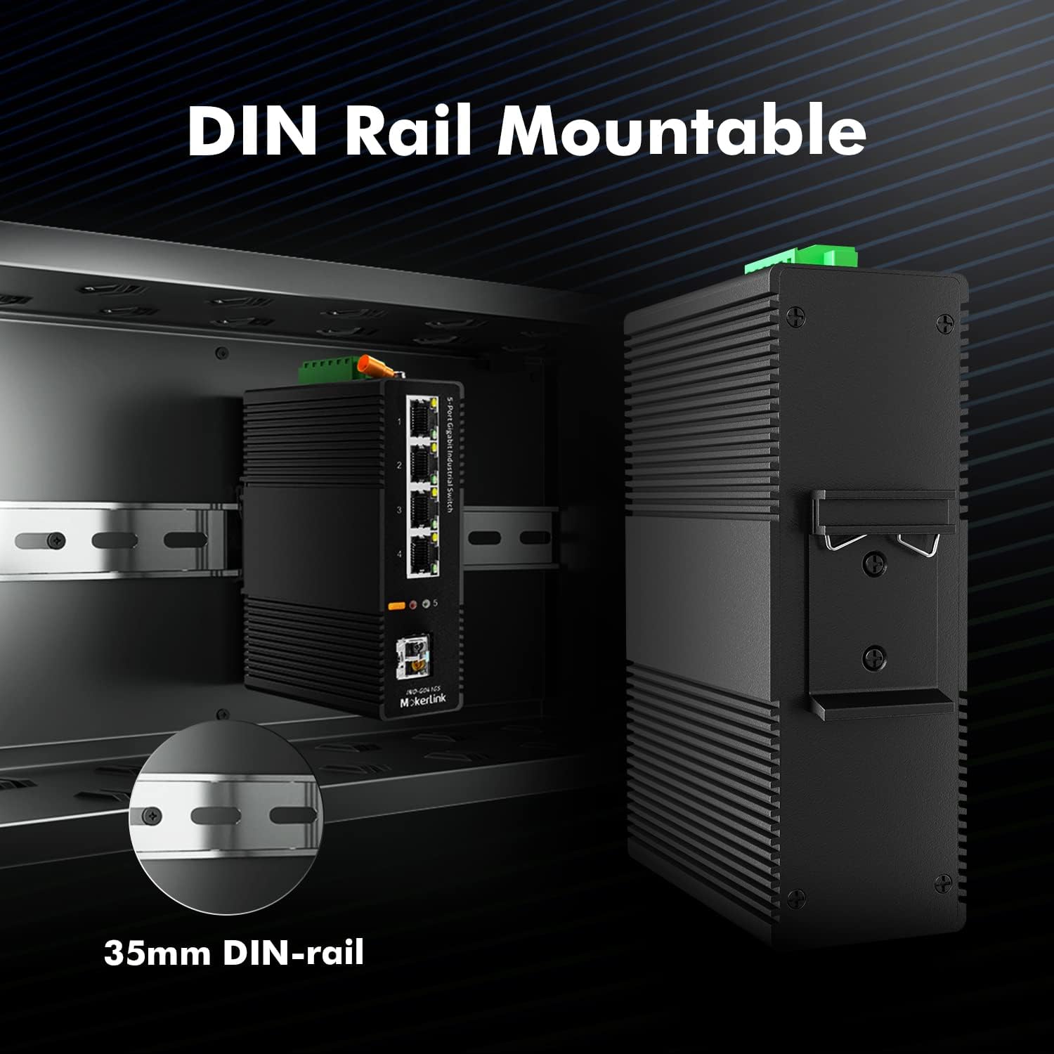 MokerLink 5 Port Industrial DIN-Rail Network Switch, 4 Gigabit Ethernet, 1 SFP, 14Gbps Switching Capacity, IP40 Rated (-40 to 185F), With UL Power Supply