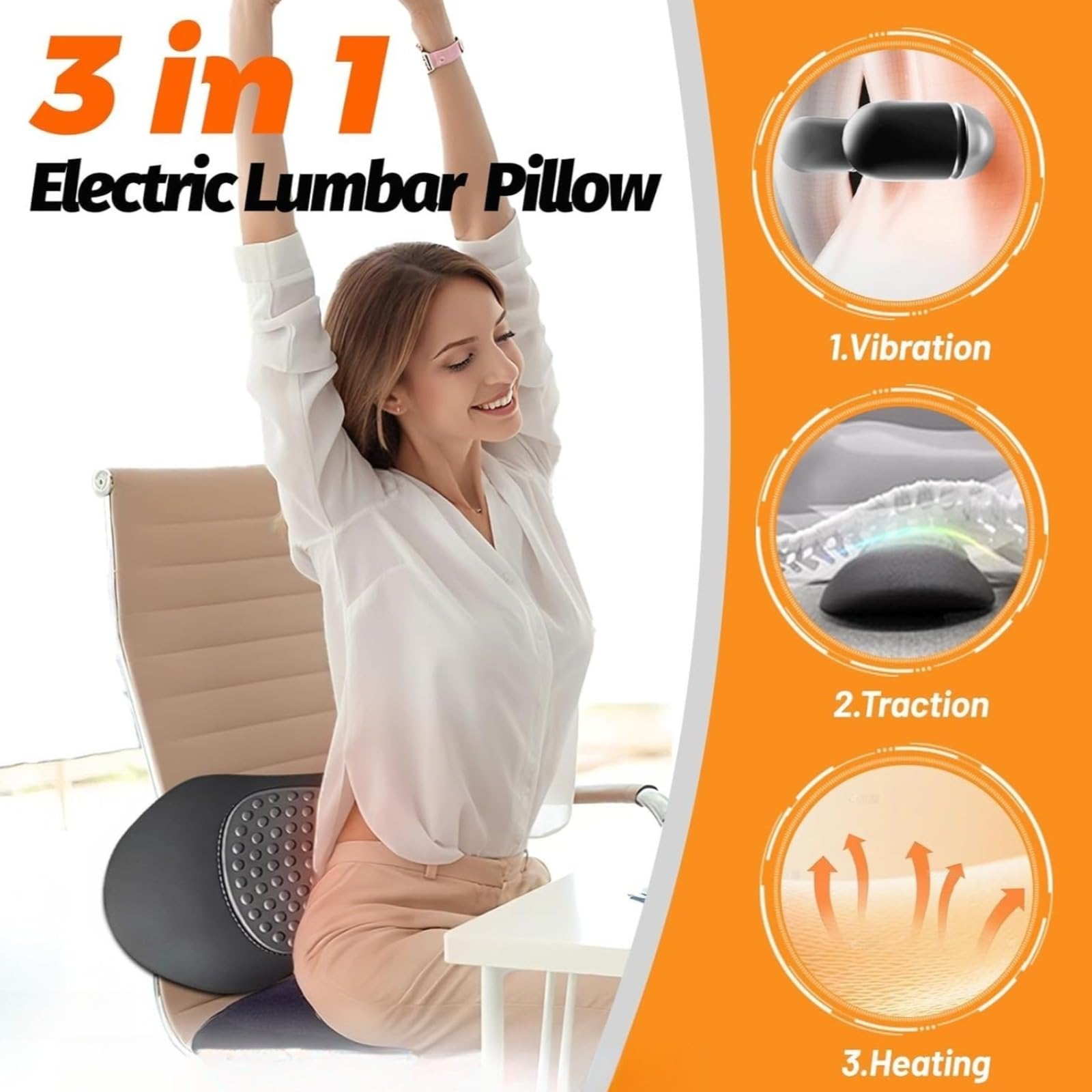 vizo 3 In 1 Rückenmassagegerät, Elektrisches Lendenkissen mit Wärme, Dehnung & Vibration, Memory Foam (Schwarz)