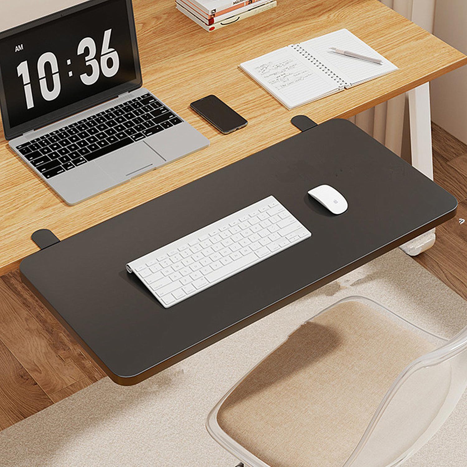 Étagère d'extension de bureau, 50 x 20 cm, ergonomique, montage sans perçage, fixation par pince sur le plateau de clavier, pour la maison et le bureau (noir)