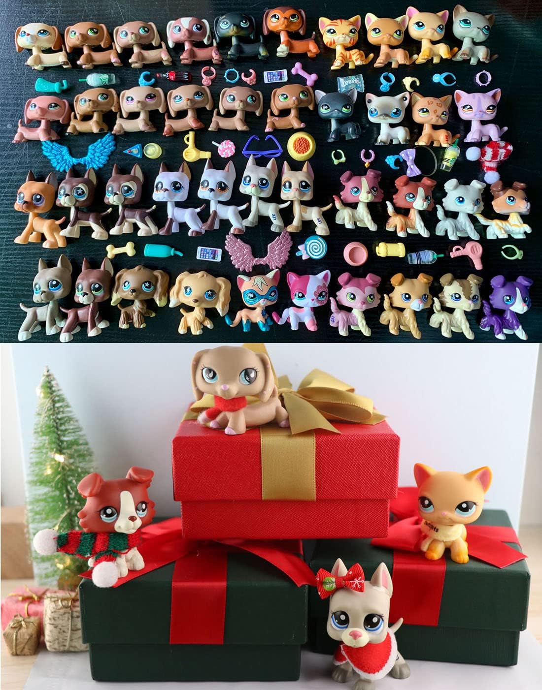 (lps Figures Random 5pcs) and (7pcs Random Accessories) lps Short Hair Cat Great Dane Collie Cocker Spaniel Dachshund Suprise Kit