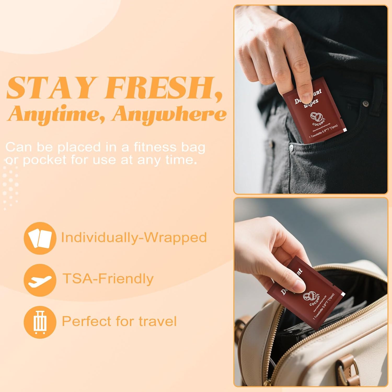 Travel Deodorant Wipes Individually Wrapped,Body Wipes to Clean Skin for Women Men(Coconut,pack of 50) - Image 5