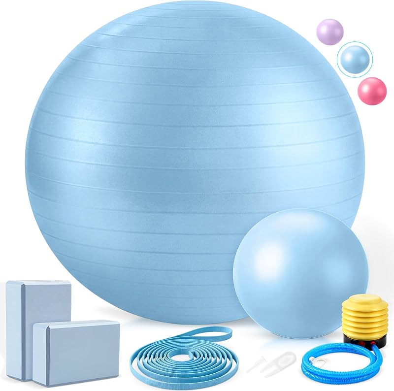 6-in-1 Yoga Balls and Yoga Block Set with Strap Foot Pump, Exercise Pregnancy Balls for Birthing, Pilates Kit Fitness Physical Therapy Home Gym Workout Equipment