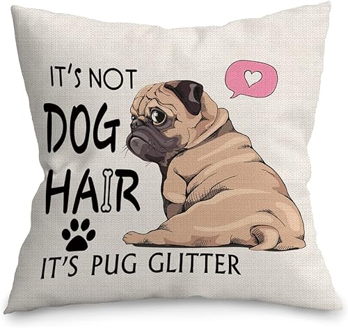 UINHMOP Funda de almohada con purpurina de 18 x 18 pulgadas, divertida decoración de perro carlino para el hogar, dormitorio, sala de estar,
