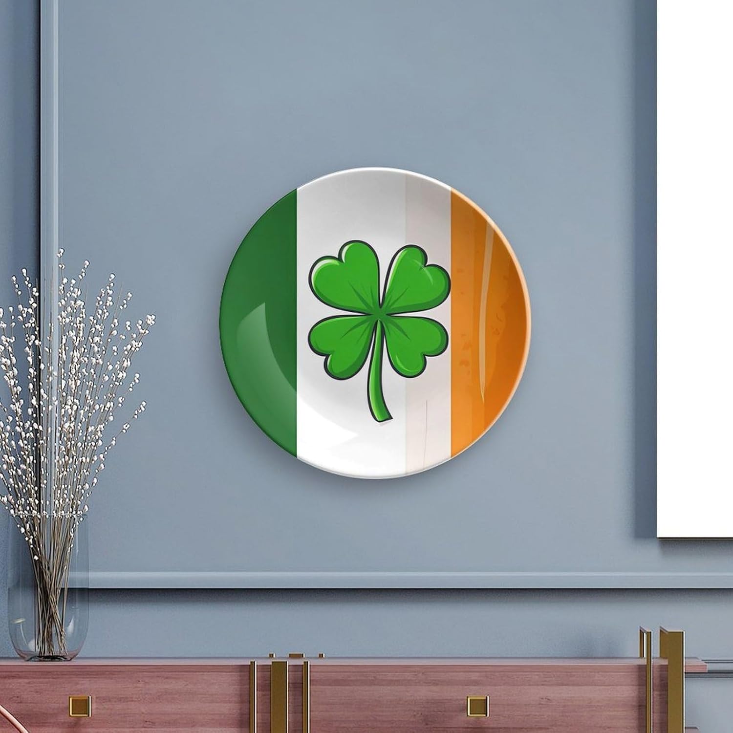 Ireland Shamrock Irish Flag Bone China Decorative Plate with Stand Home Dessert Plates Gift for Men Women 7inch