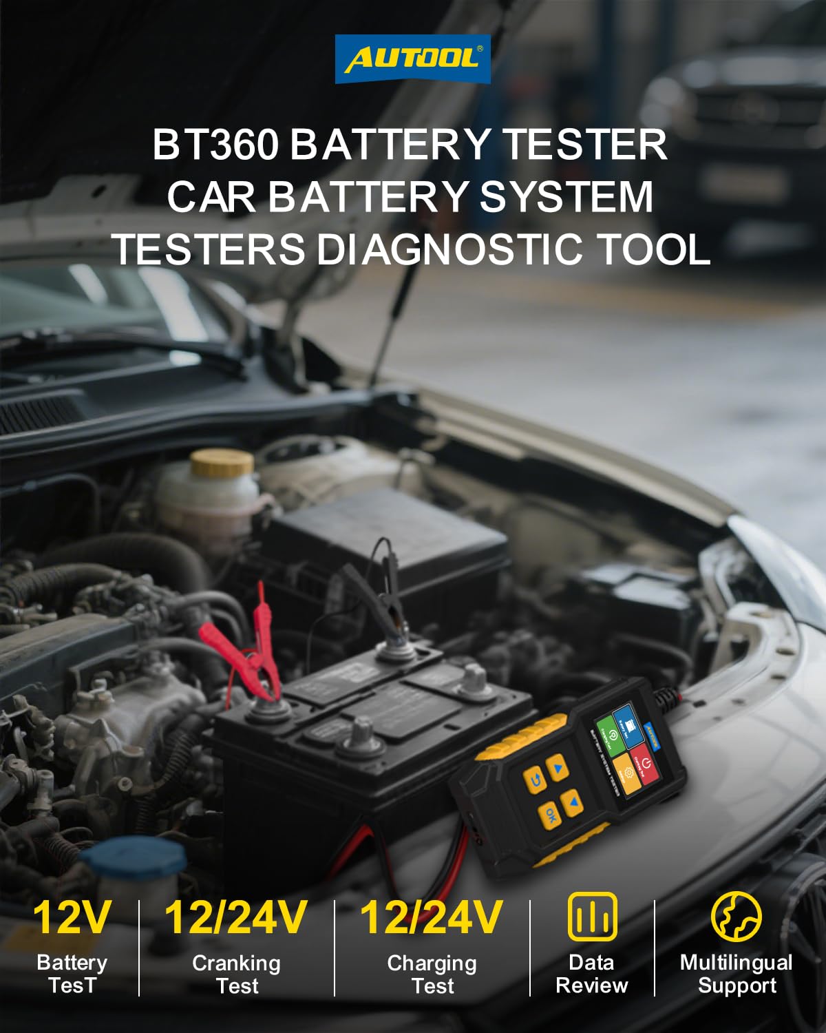 AUTOOL Comprobador de Baterias de Coche, Comprobador de Baterias 12V/24V, 30-2000 CCA, Prueba de Arranque del Motor y Prueba del Sistema de Carga para Motocicleta Automóvil SUV Barco