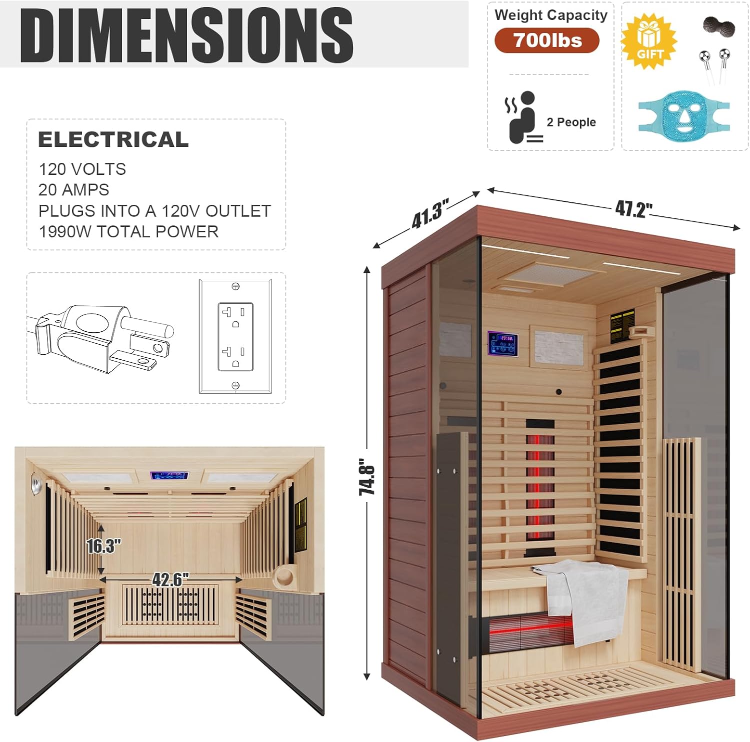 MEISSALIVVE Full Spectrum Infrared Sauna，1-2 Person Home Sauna，Red Cedar Indoor Sauna with Resonance Speaker, Panoramic Tempered Glass Door