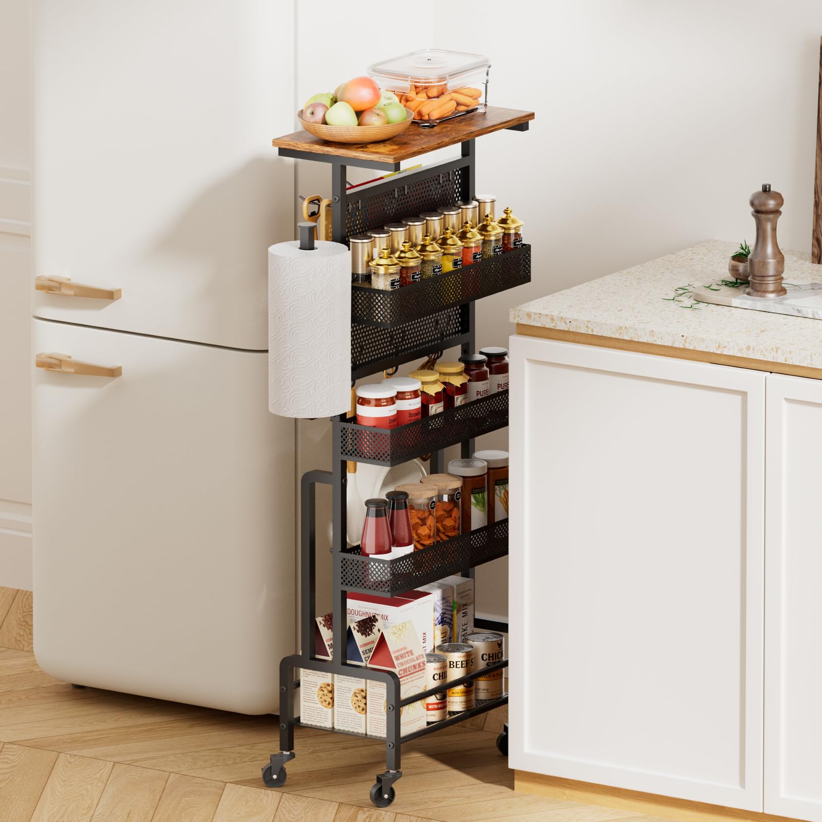 Carrito de Almacenamiento Estrecho - Carro con Ruedas y Tapa de Madera | Organizador estrecho con panel perforado, 6 ganchos y portarrollos de cocina. Estantería fina antivuelco.