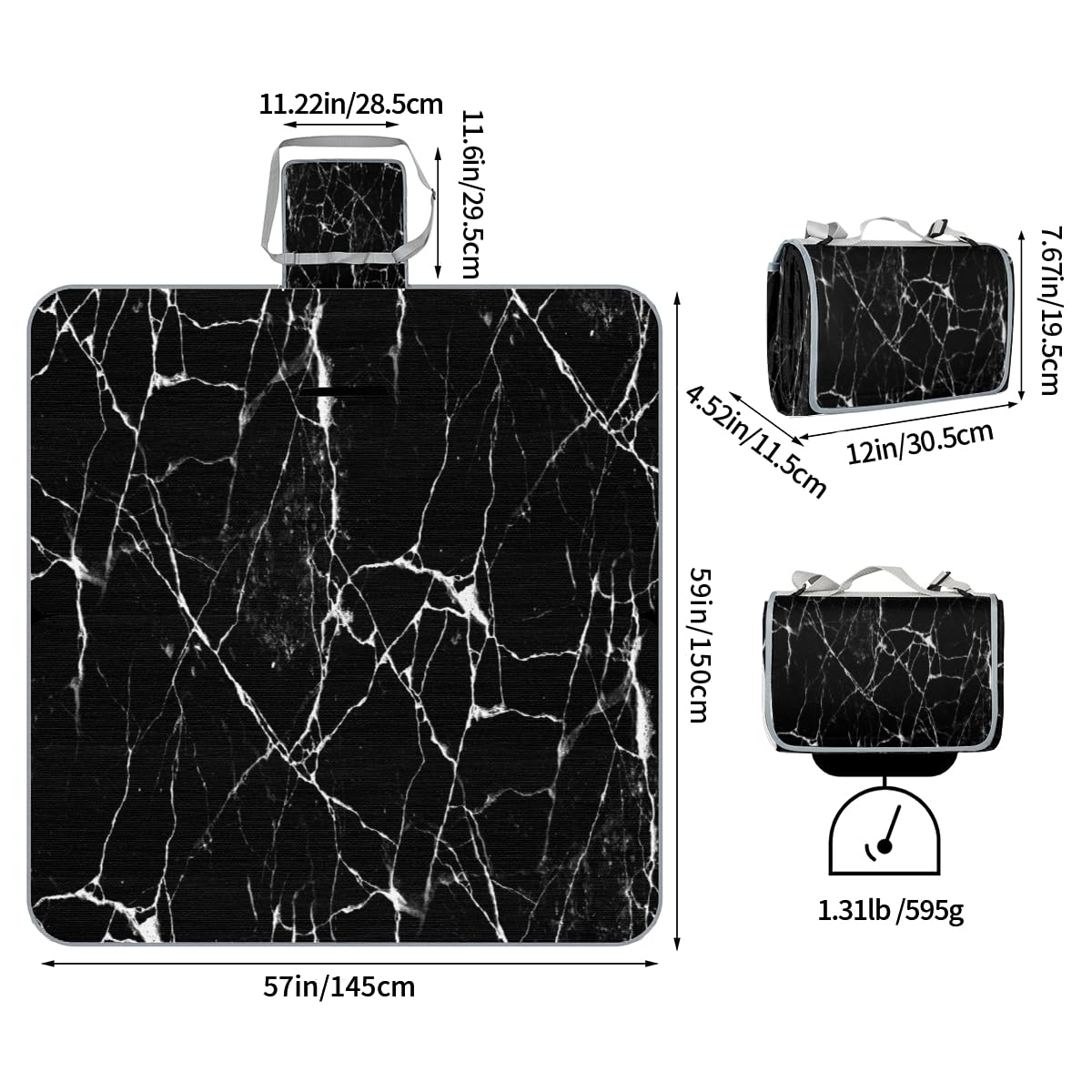 Shimoshe Picnic Blankets 57”x 59”, Black Marble Texture Waterproof Sandproof Picnic Mat Lightweight Foldable Beach Blanket for Camping Park Grass Beach Outdoor Blanket