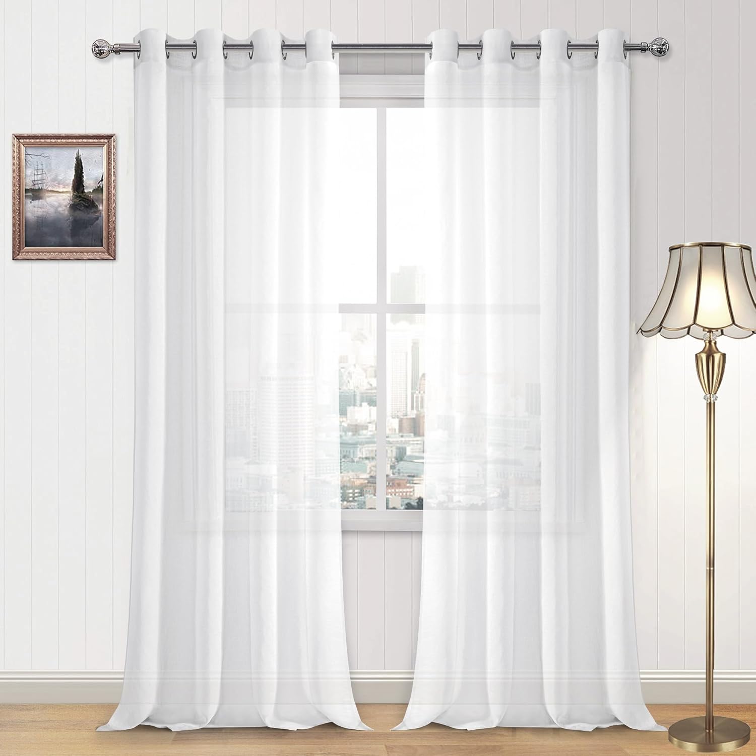 DWCN White Sheer Curtains, Faux Linen Look Grommet Window Semi Sheer Curtains Drapes for Bedroom Living Room Set of 2 Panels, 52 x 90 Inch Long 52"W x 90"L (Pack of 2) White