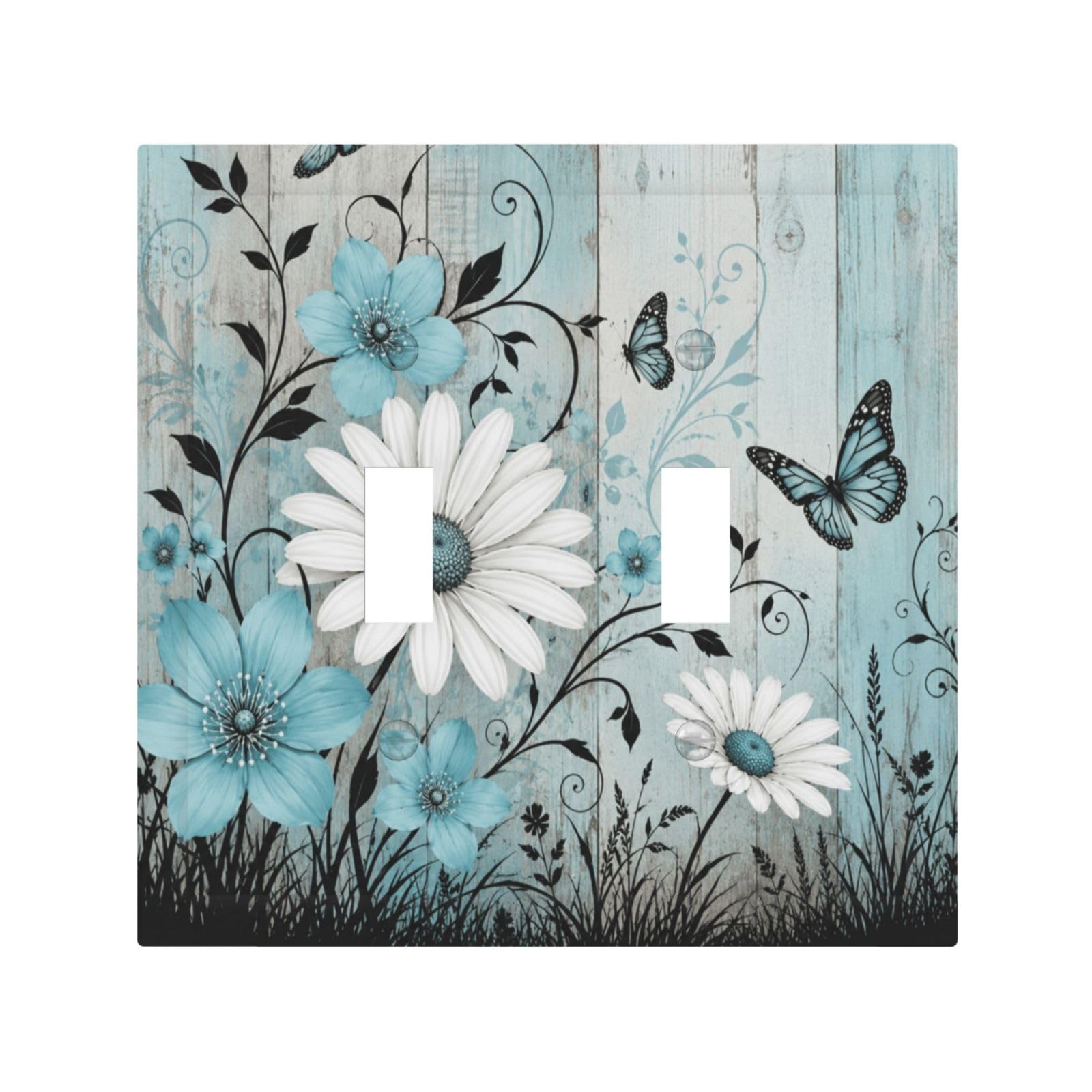 Dwbguo Decorative Light Switch Plate Covers Rustic Turquoise Daisy Butterfly 2 Gang Wall Plate Unique Double Toggle Vintage Wood Grain Floral Double Light Switch Covers for Bedroom Home Decor
