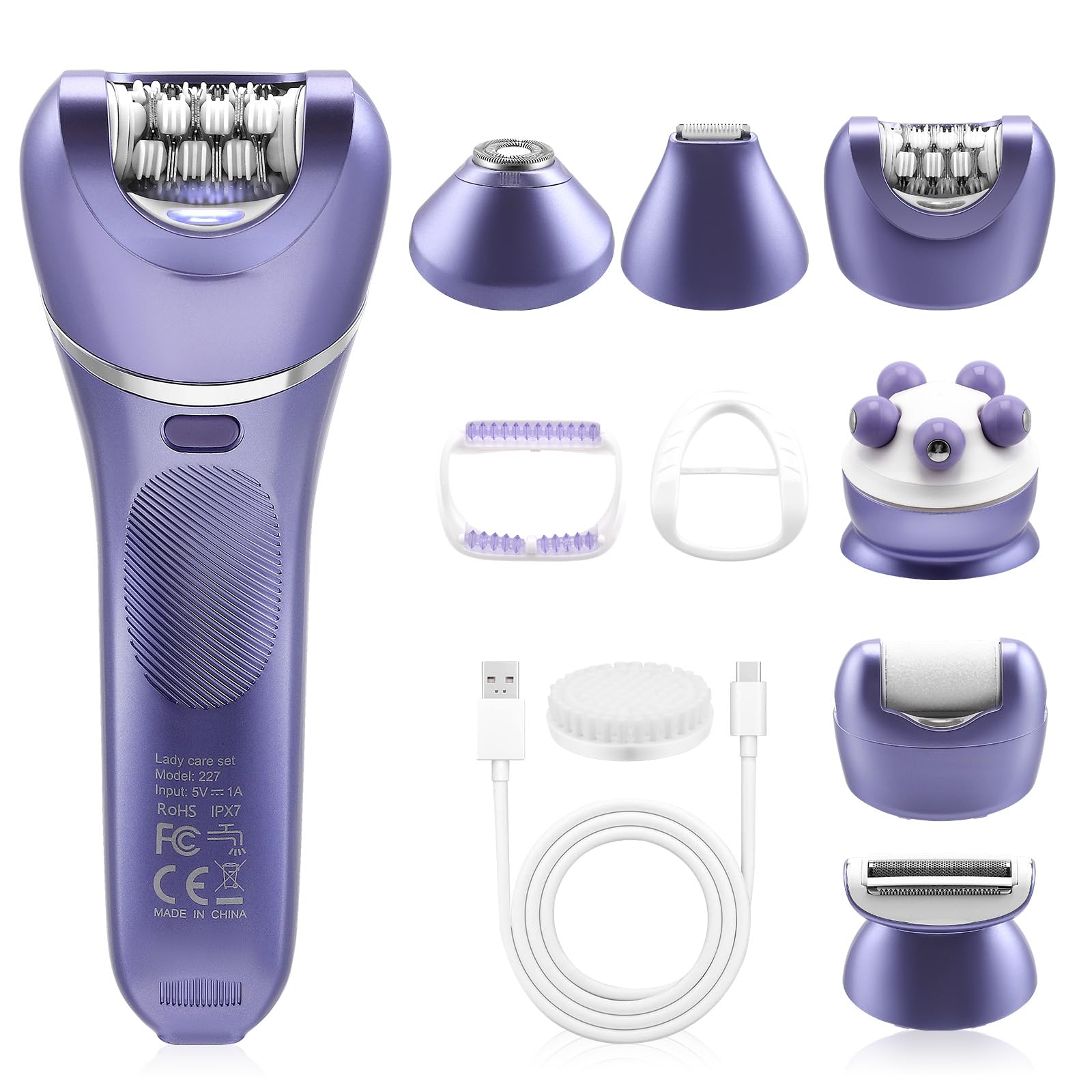 Set di epilatore 7 in 1 per donne, epilatore senza fili a umido e a secco con luce LED, epilatore per viso e corpo, impermeabile IPX7, autonomia 90 min