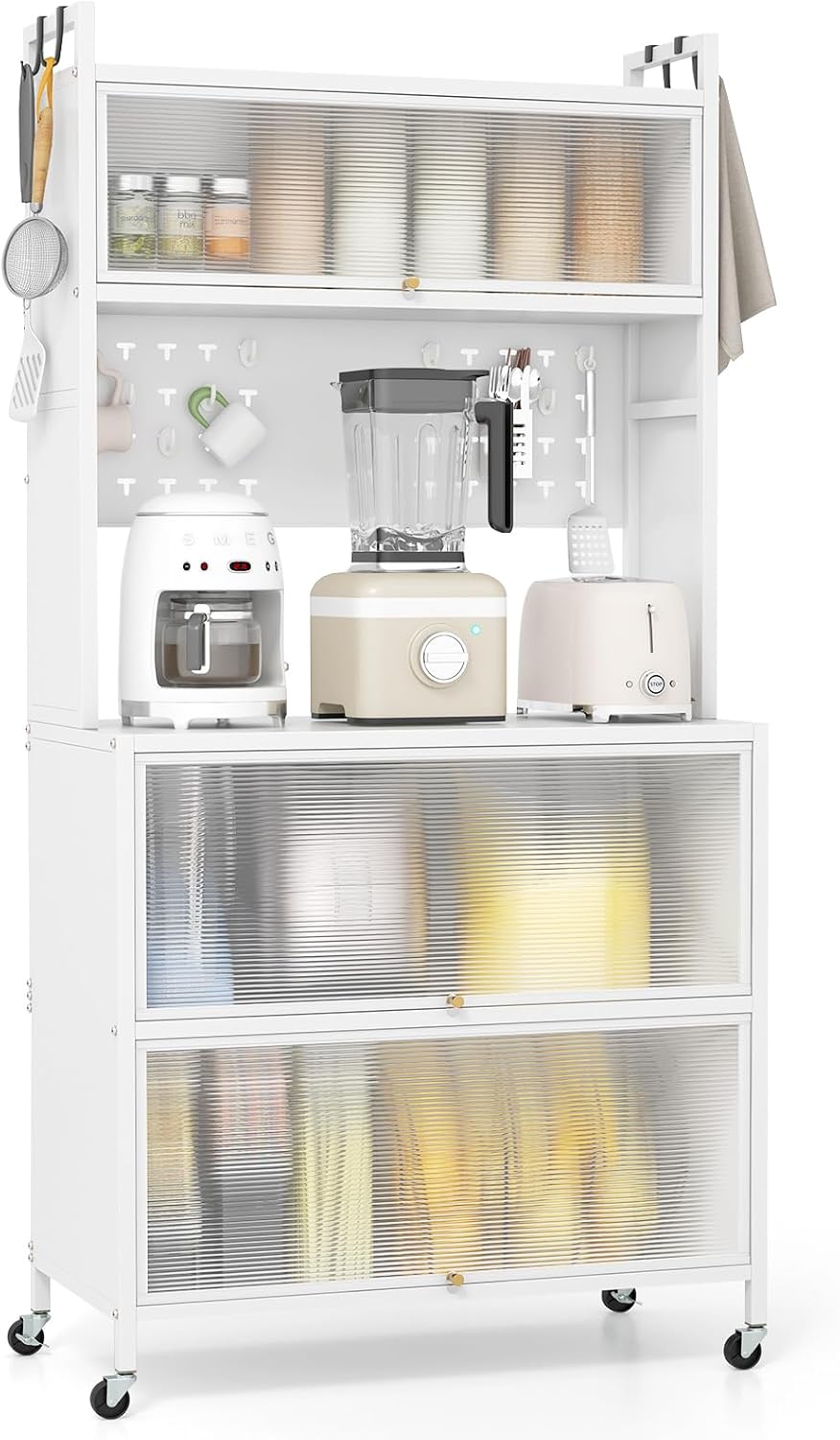 Giantex 5 Tier Rolling Kitchen Bakers Rack with Wheels, Microwave Stand with Flip Door Storage Cabinets, Pegboard & Hooks, Adjustable Foot Pads, Standing Pantry for Home Coffee Bar (White)